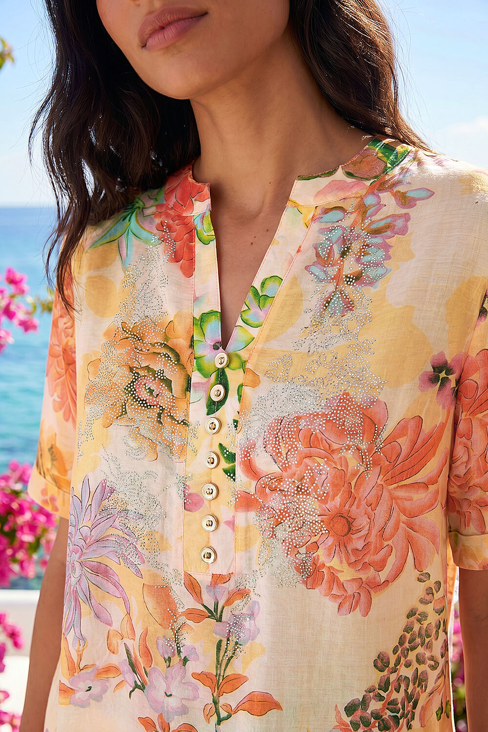 Orange Floral Print Embellished V-Neck Top, Image 5 of 4