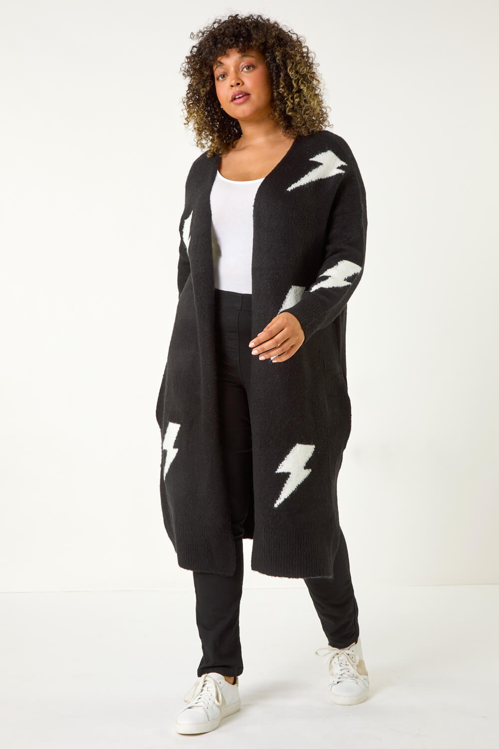Black Curve Printed Longline Cardigan, Image 4 of 5