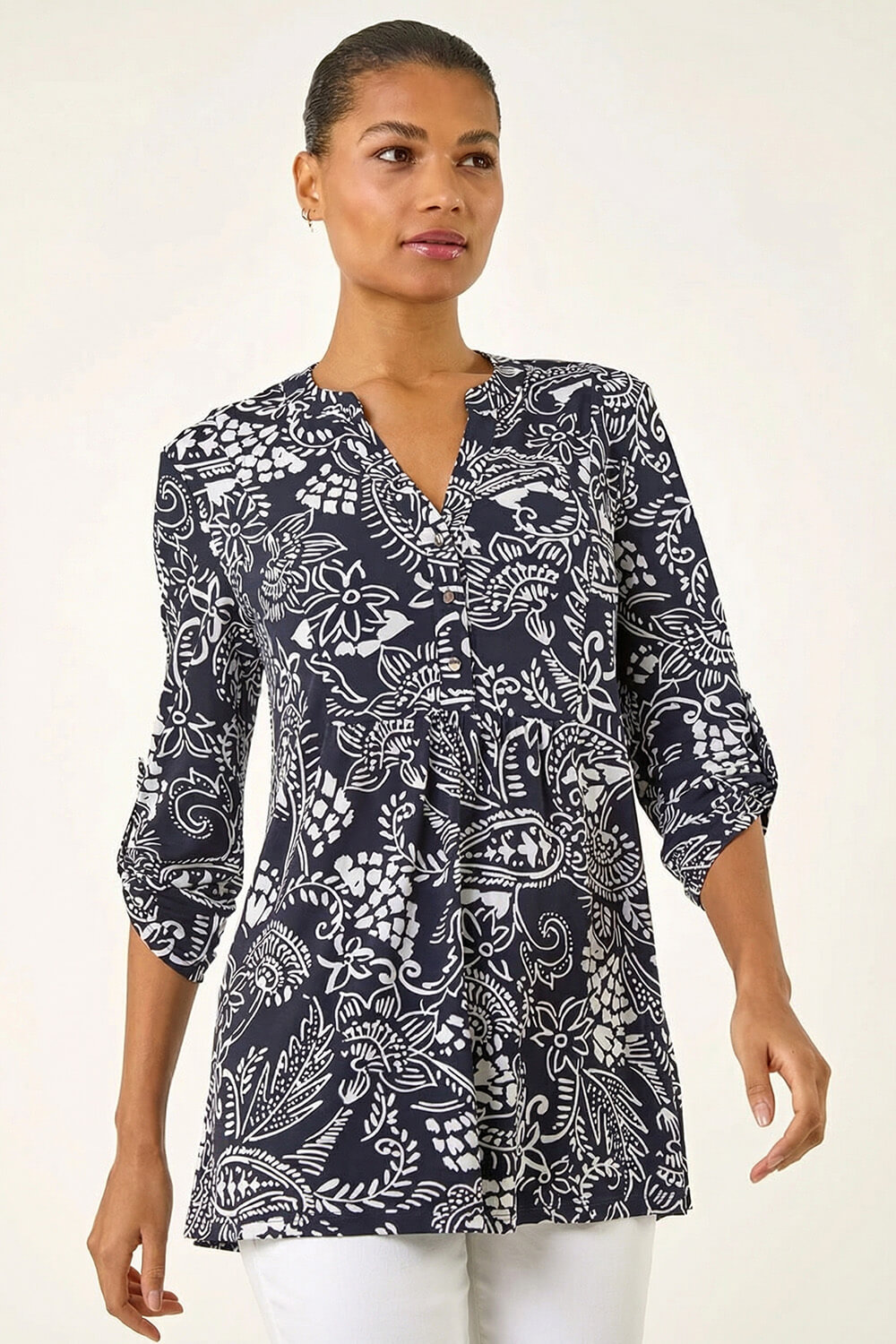 Navy Abstract Print Buttoned Tunic Top, Image 5 of 5