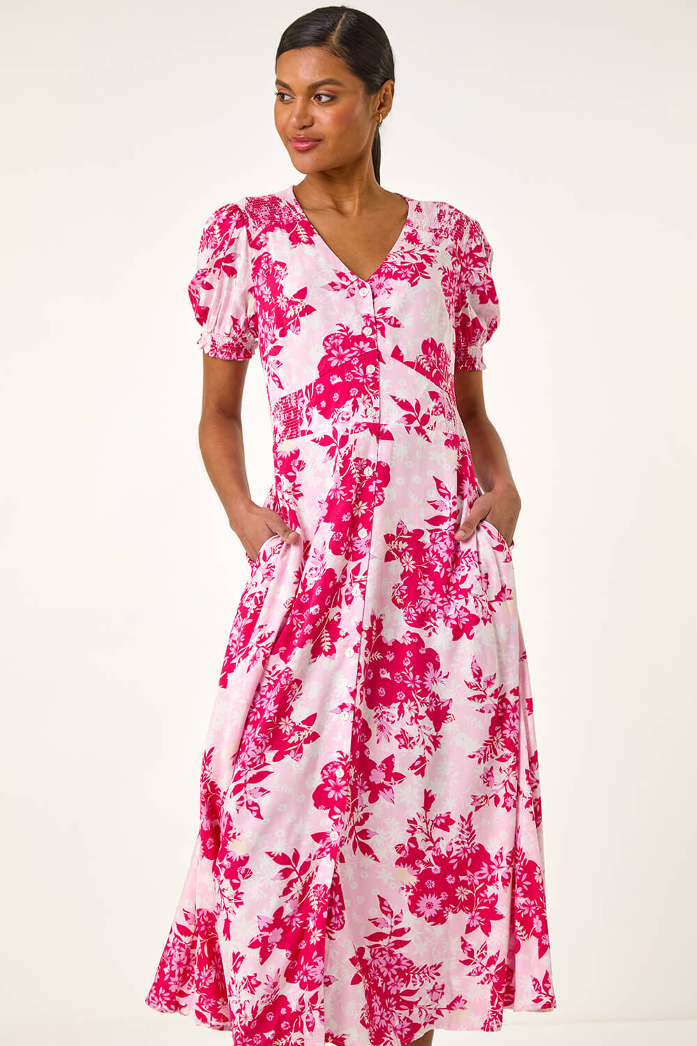 Roman Women's Pink Floral Print Button Down Midi Dress Size 12