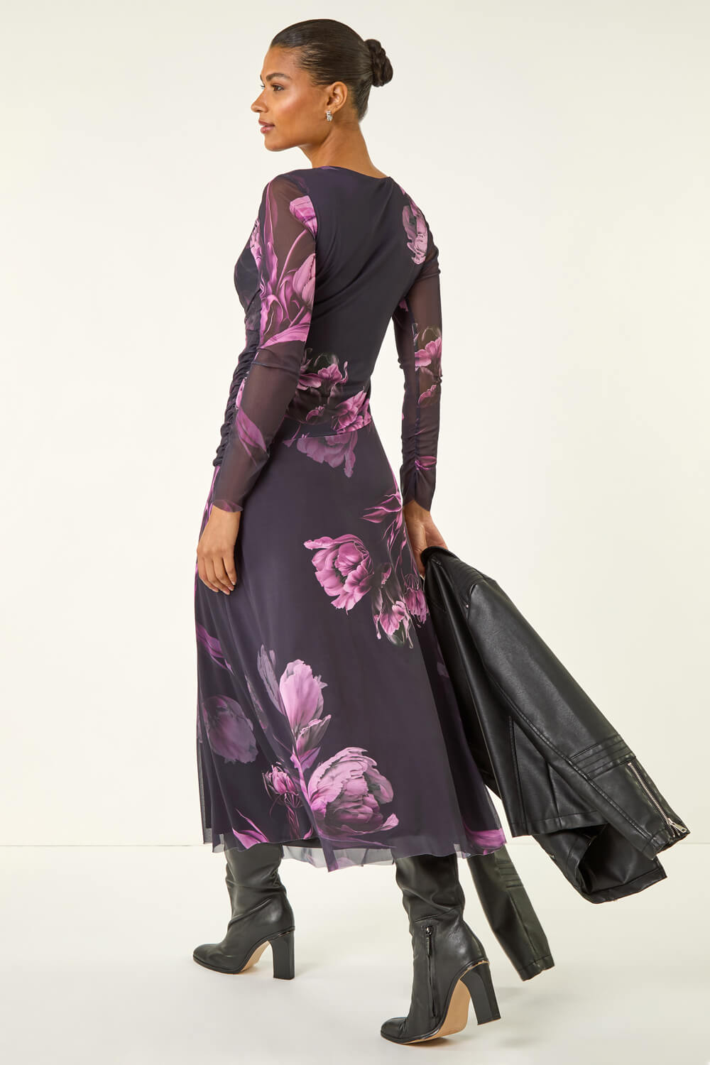 Purple Floral Mesh Stretch Maxi Dress, Image 4 of 5