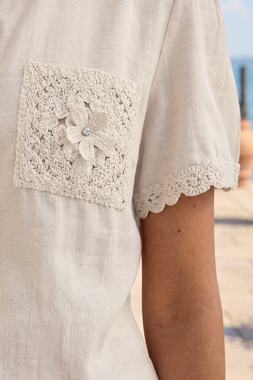 Cream Crochet Pocket Button Shirt, Image 5 of 4