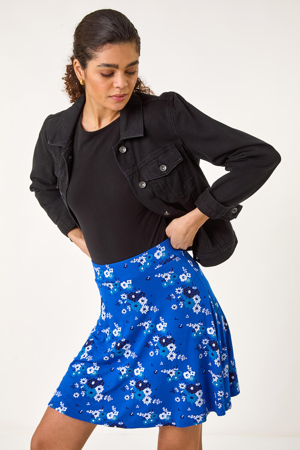 Royal Blue Floral Print Stretch Skater Skirt, Image 4 of 5