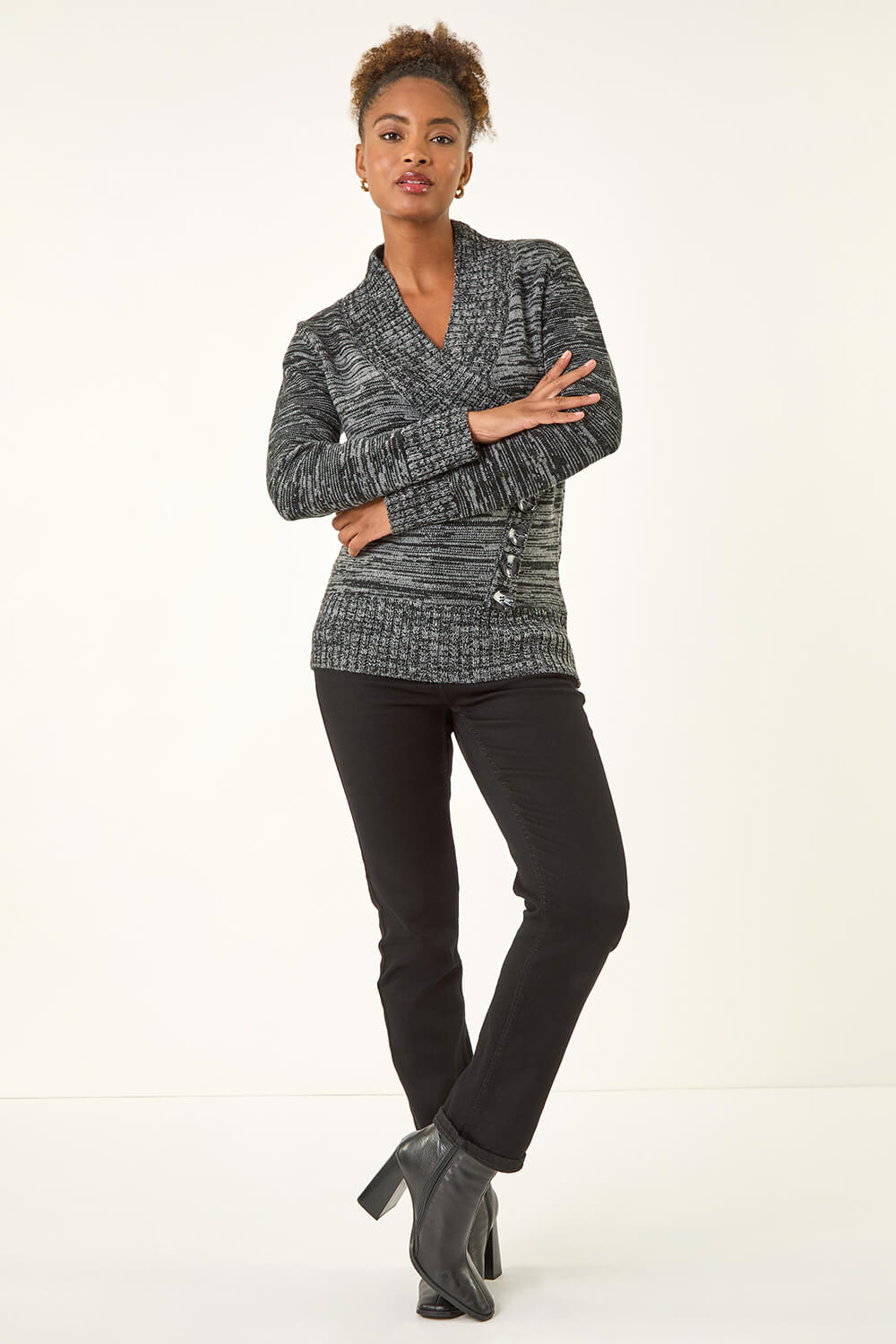 Dark Grey Longline Buttoned Knit Jumper, Image 3 of 5
