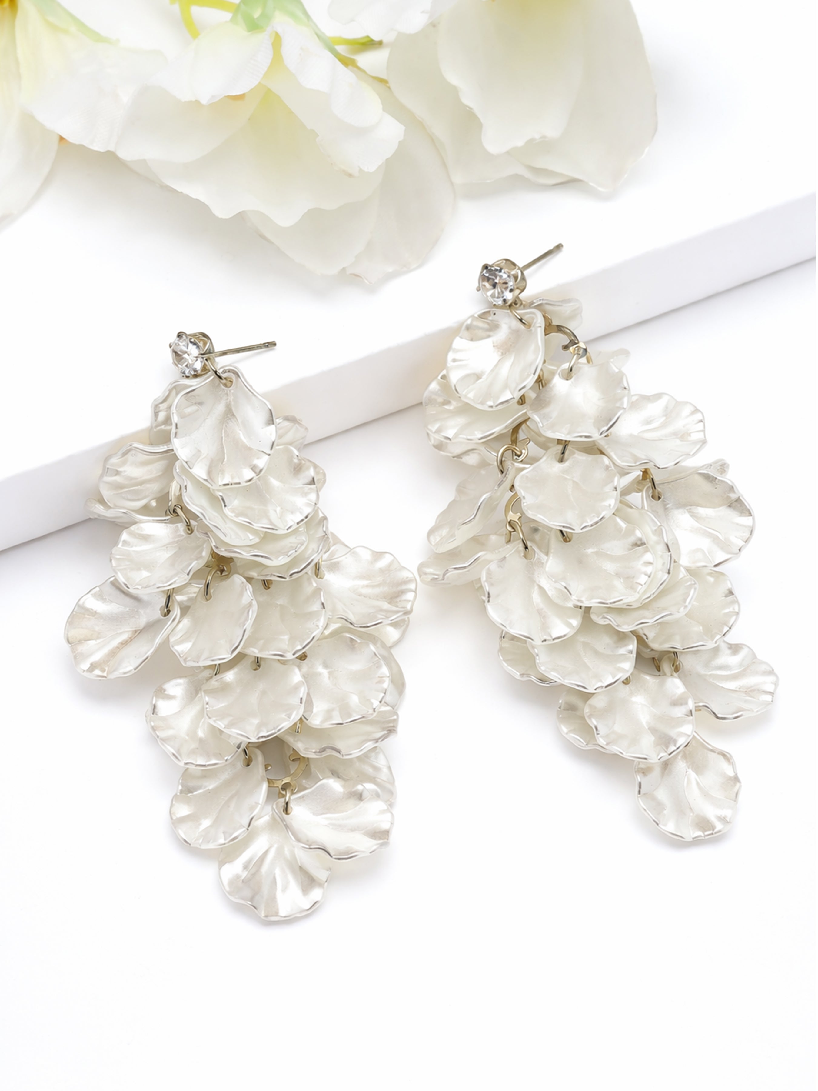 White Crinkled Petal Cascade Statement Earrings, Image 3 of 3