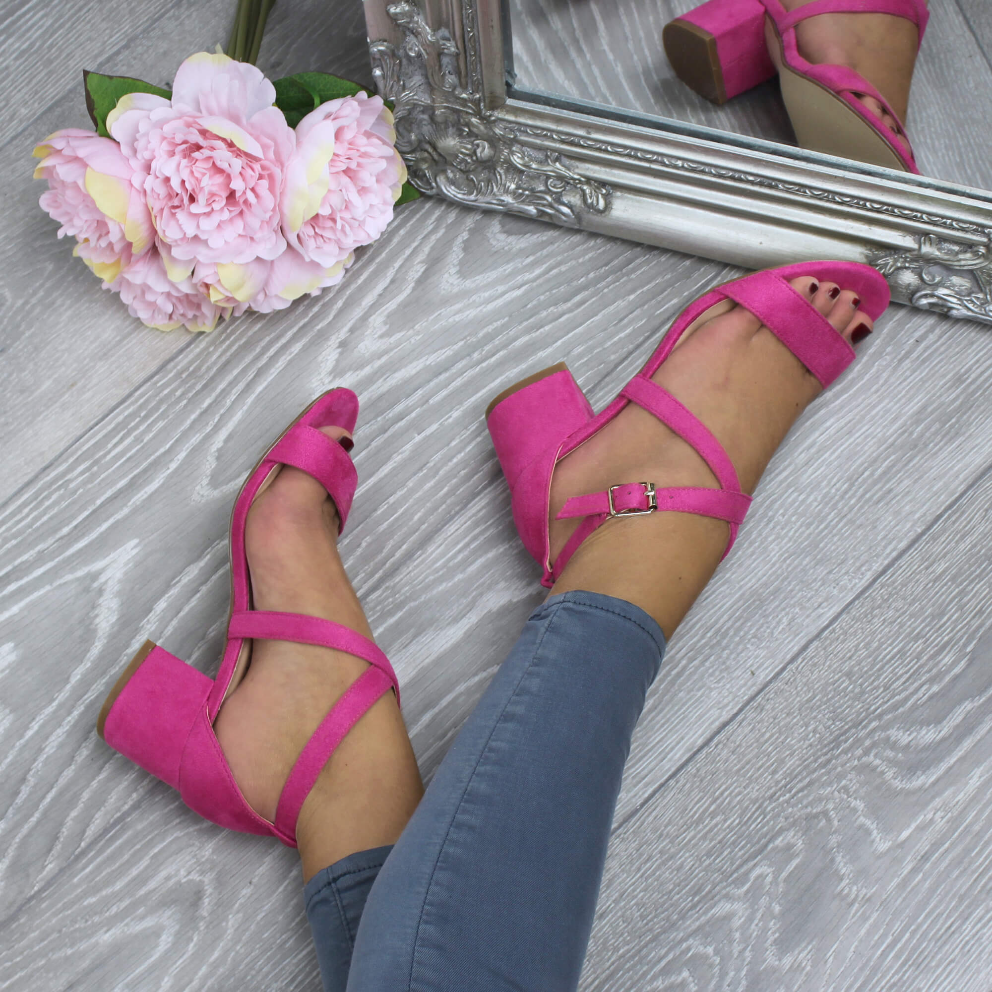 Fuchsia AJVANI Fuchsia Mid Block Heel Crossed Straps Sandals, Image 5 of 6