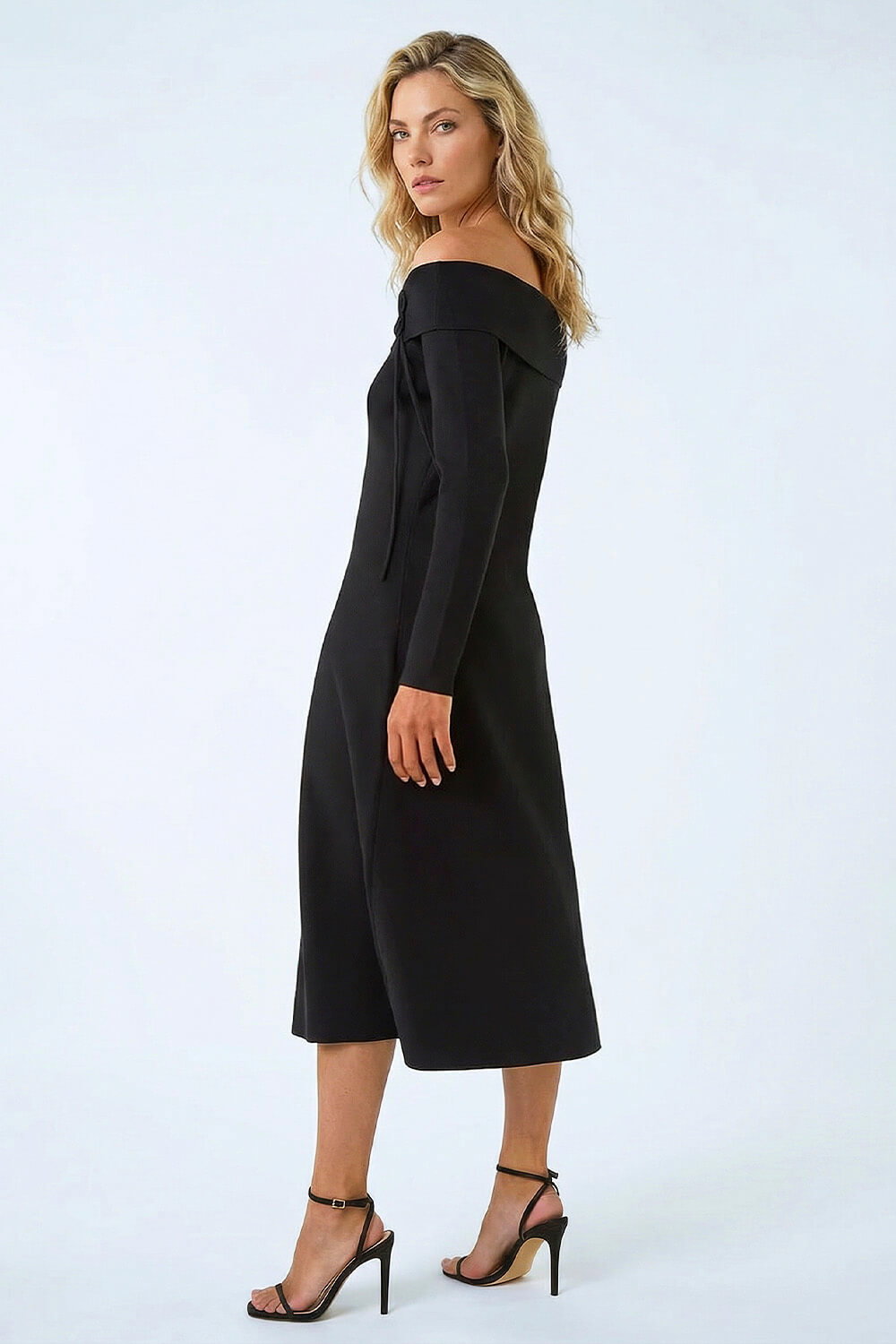 Black Floral Bardot Knit Midi Dress, Image 4 of 5
