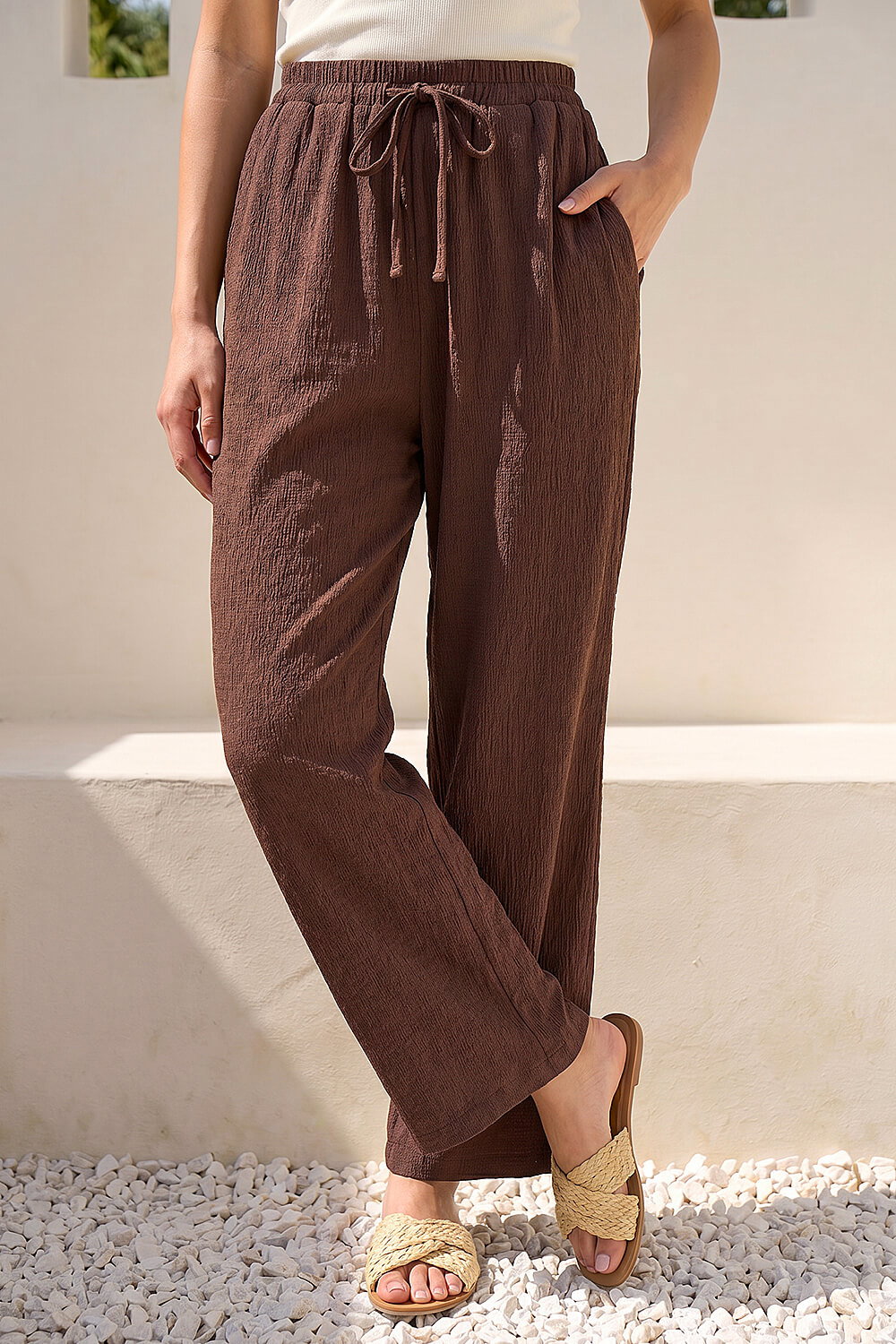 Chocolate Petite Crinkle Trouser, Image 3 of 4