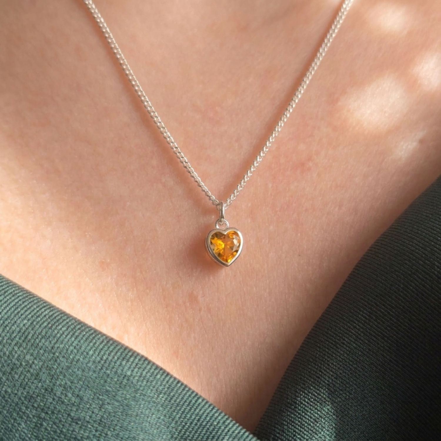 Orange Mini Heart Silver Citrine November Birthstone Necklace, Image 2 of 4