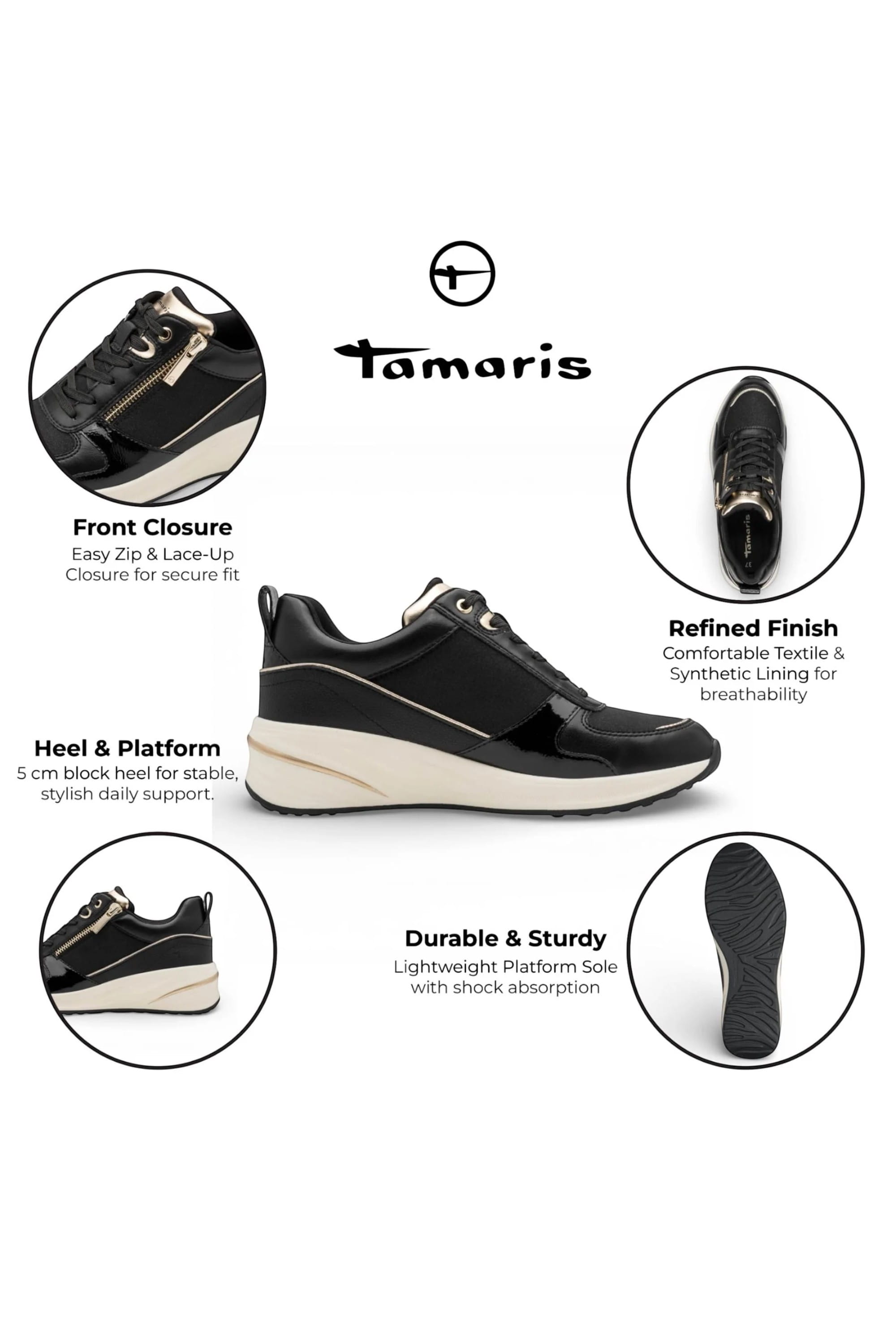 Black Tamaris Black Tamaris Black Gold Platform Sneakers, Image 2 of 7