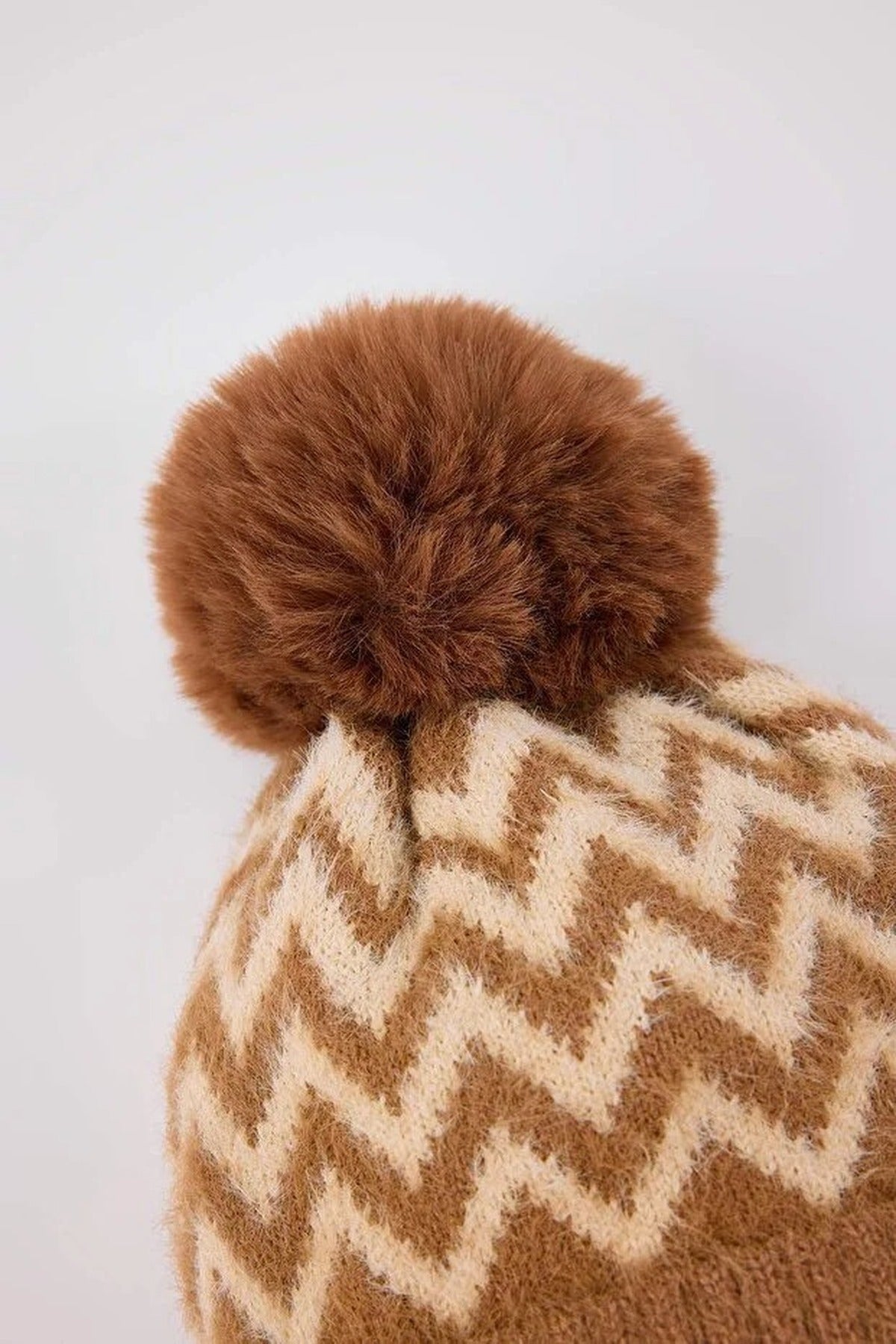 Camel Zig Zag Knit Pom Pom Beanie Hat, Image 3 of 3