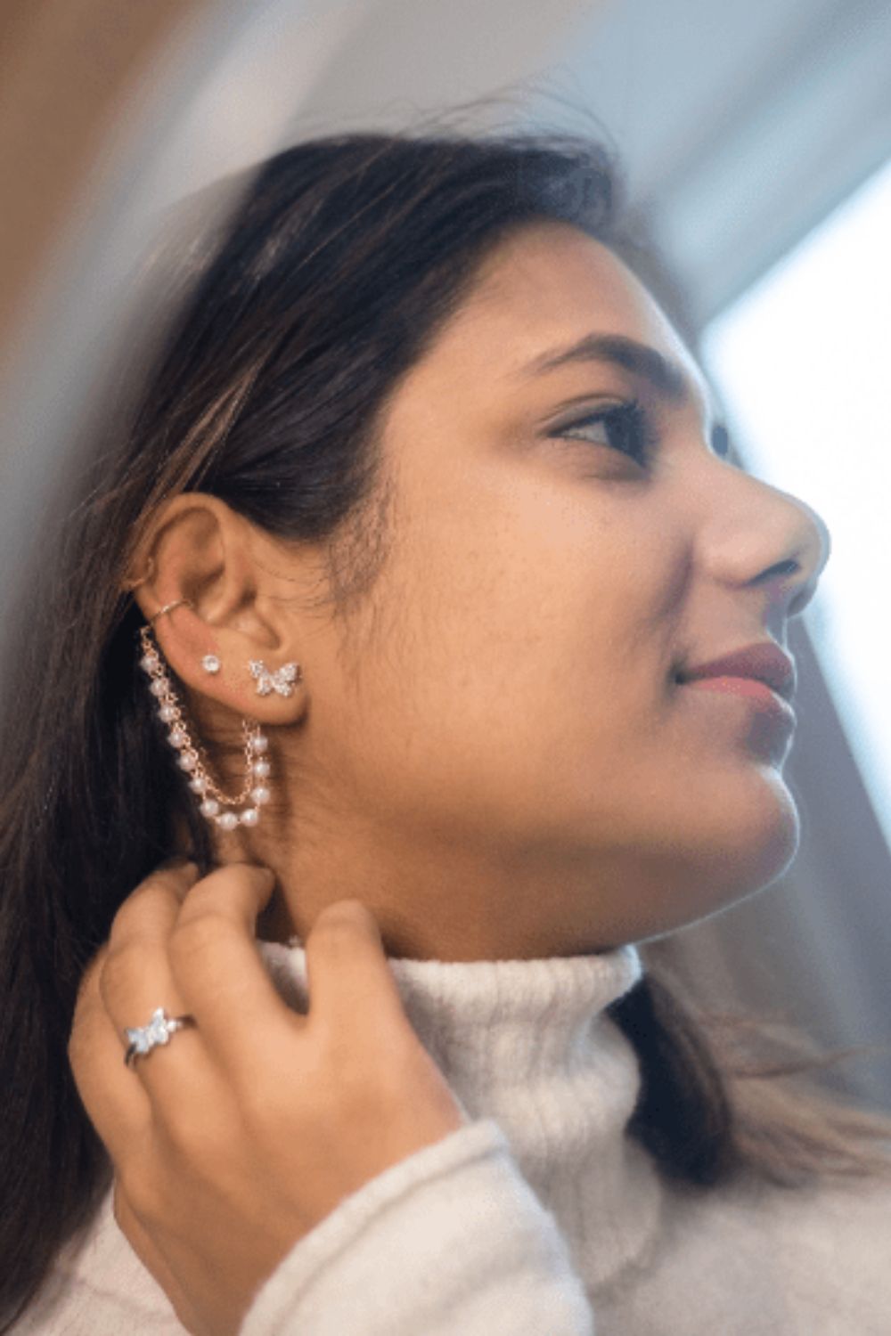 Gold Long Butterfly Dangle Chain Pearl Ear Cuffs - Adjustable Climber Chain, Image 2 of 2