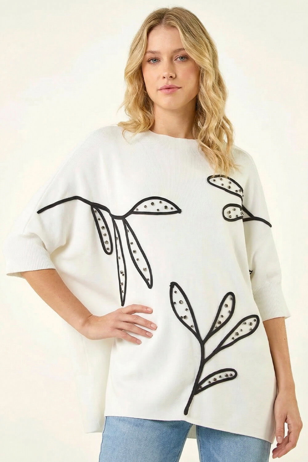 Ivory Leaf Embroidered Knit Jumper, Image 1 of 4