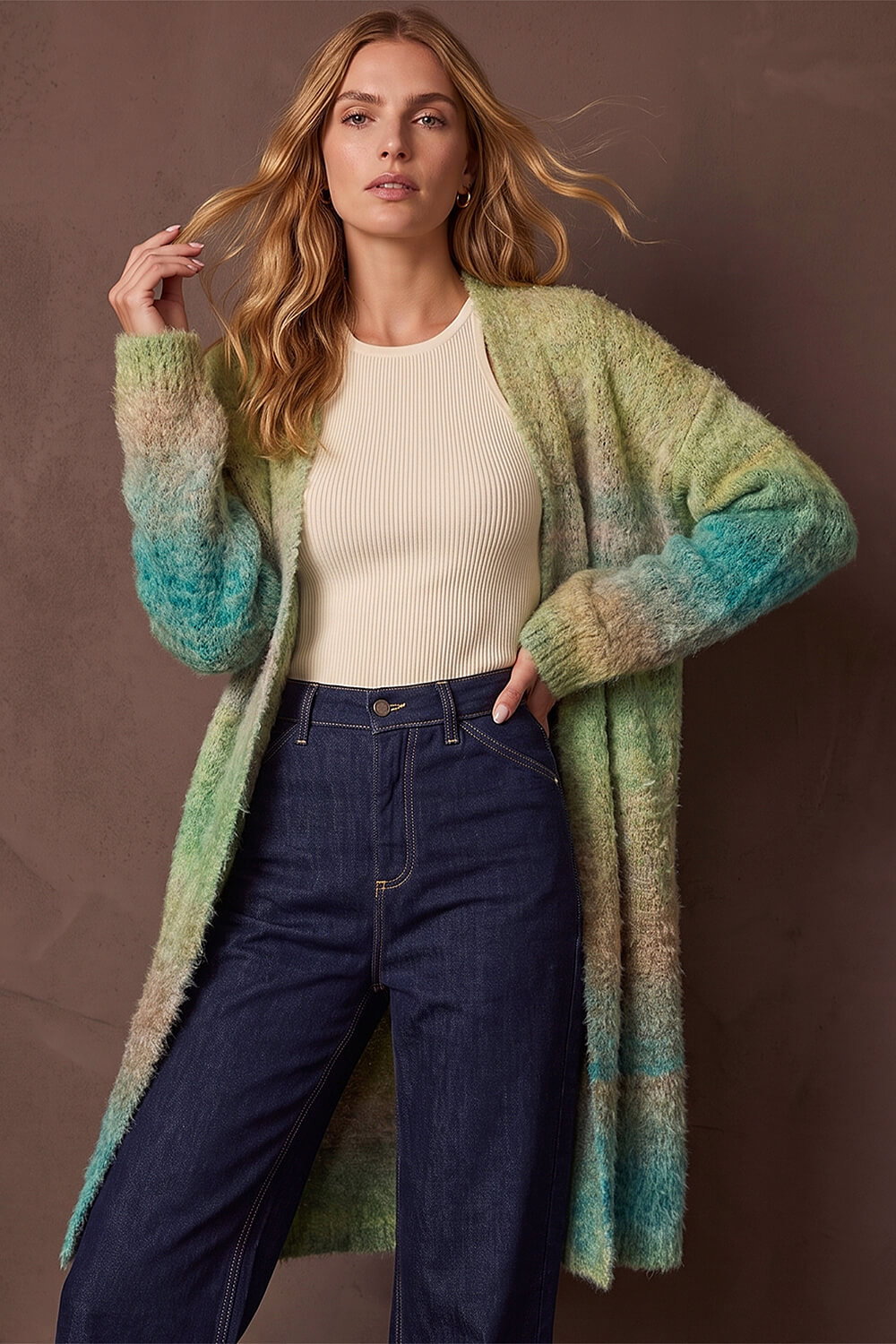 Roman Women's Green Ombre Longline Knit Cardigan Size 10