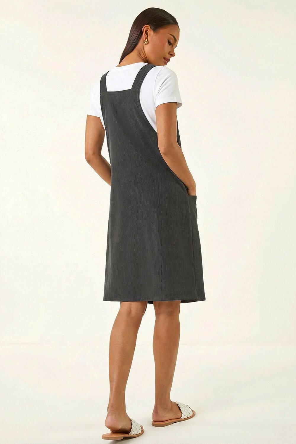 Grey Petite Corduroy Pinafore Dress, Image 5 of 6