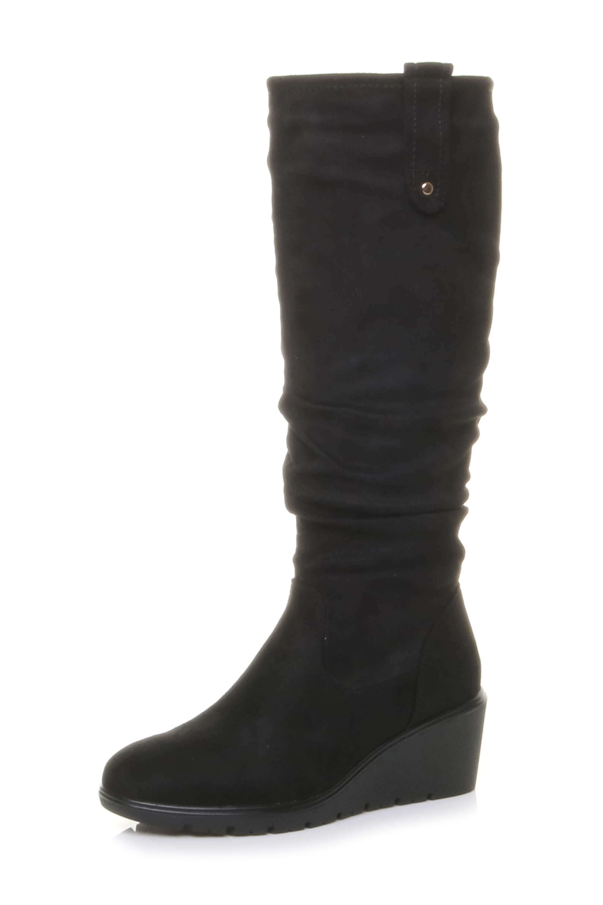 Black Mid Wedge Heel Slouch Knee High Calf Boots, Image 1 of 4