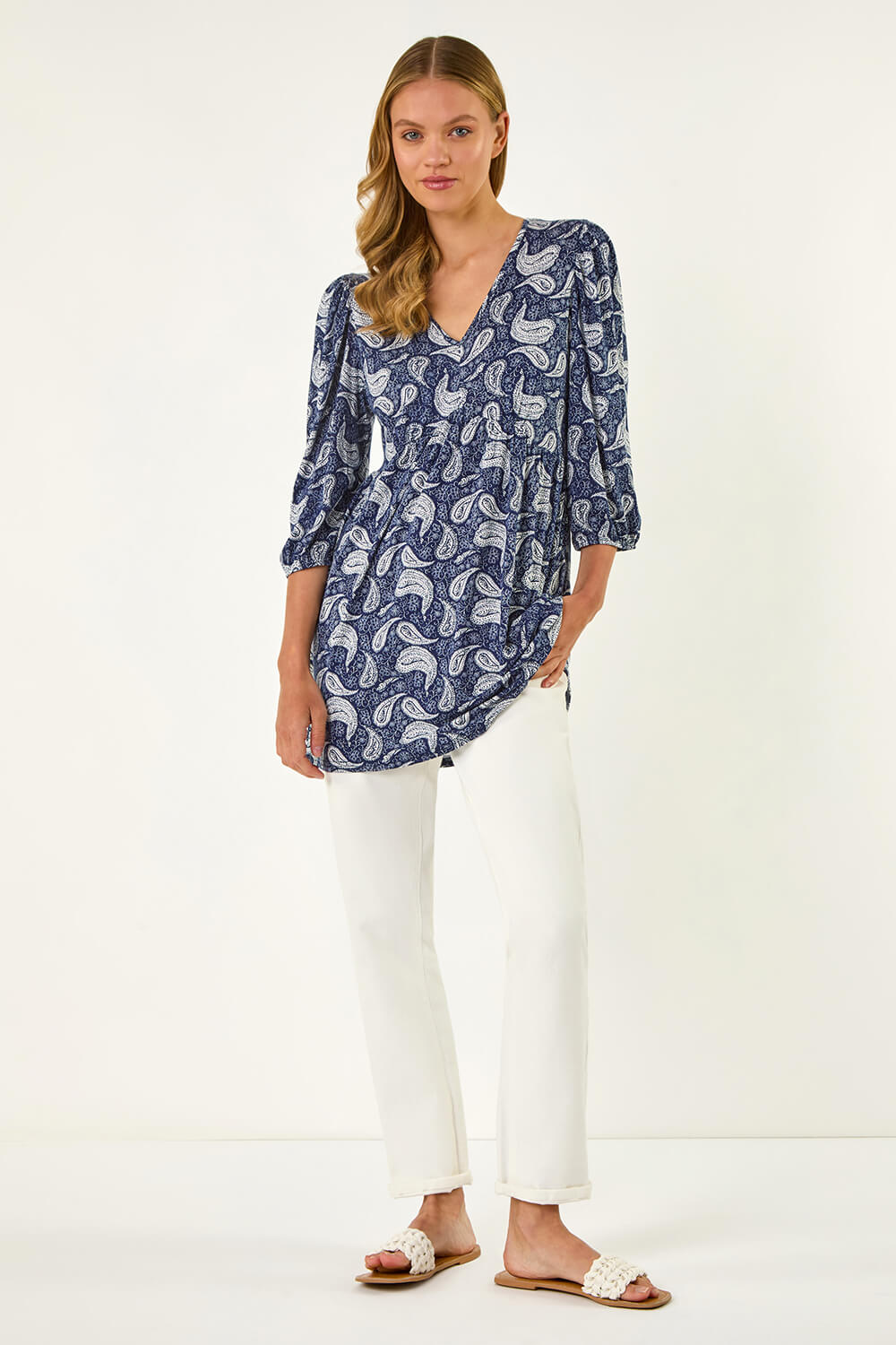 Navy Paisley Print V-Neck Stretch Top, Image 3 of 4