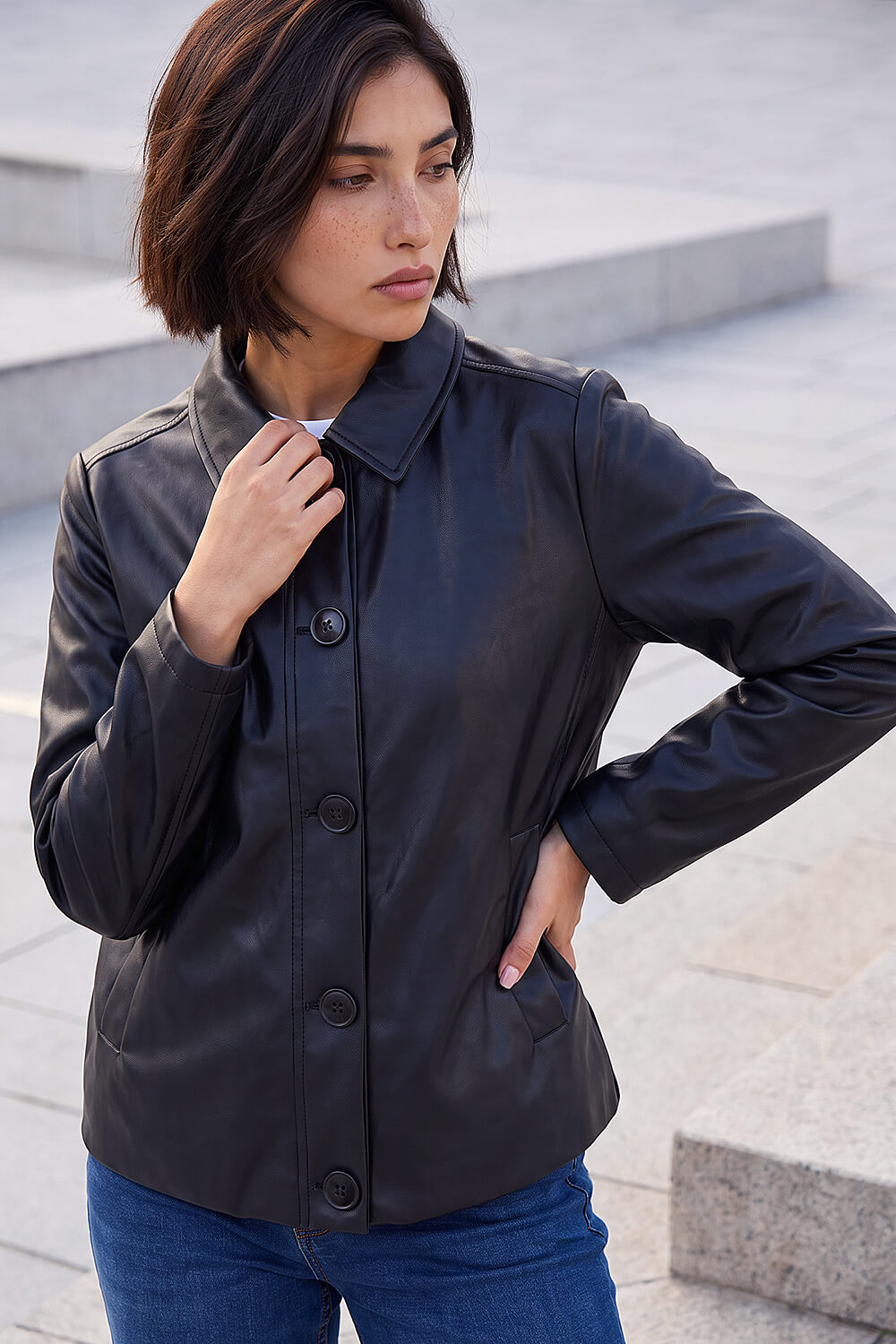 Roman Petite Women's Black Faux Leather Button Jacket Size 10