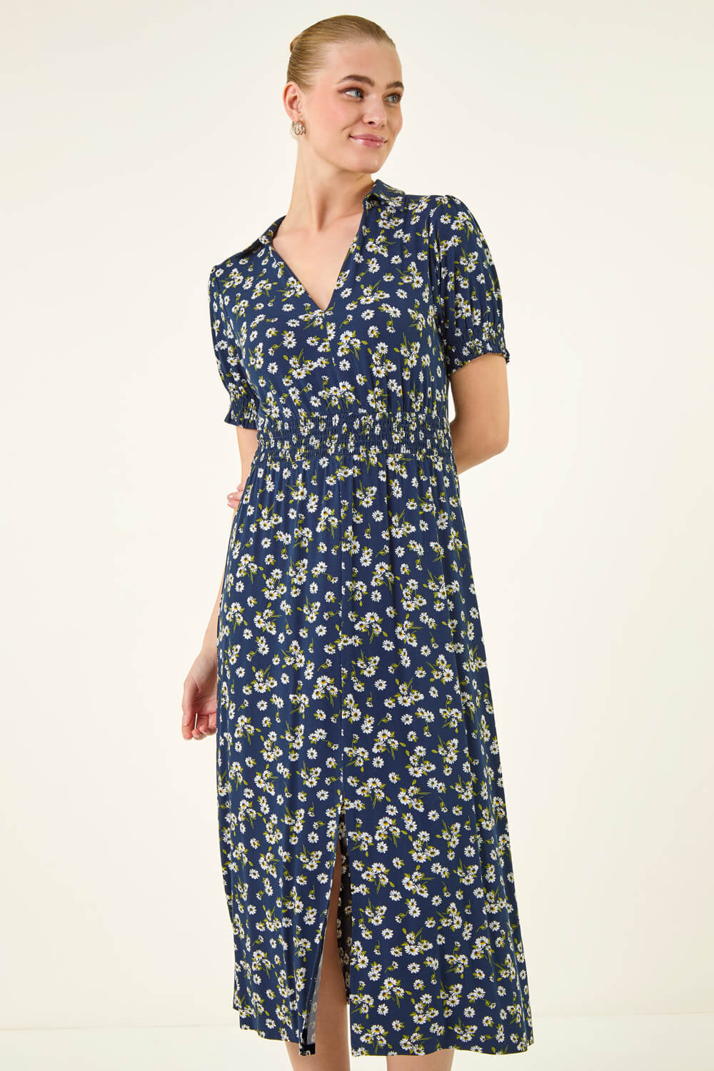 Navy  Ditsy Print V-Neck Midi Dress, Image 6 of 6