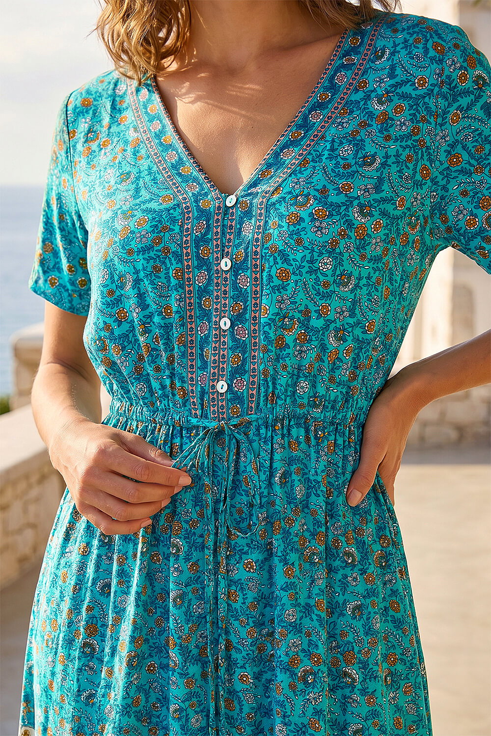 Blue Petite Floral Border Print Midi Dress , Image 5 of 4