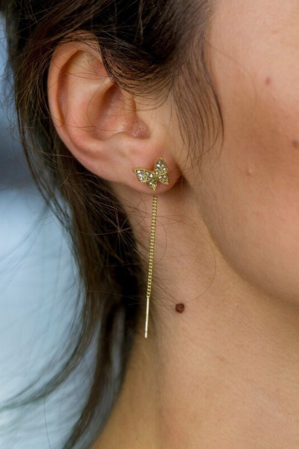 Gold Long Gold Butterfly Tassel Chain Stud Earrings, Image 3 of 3