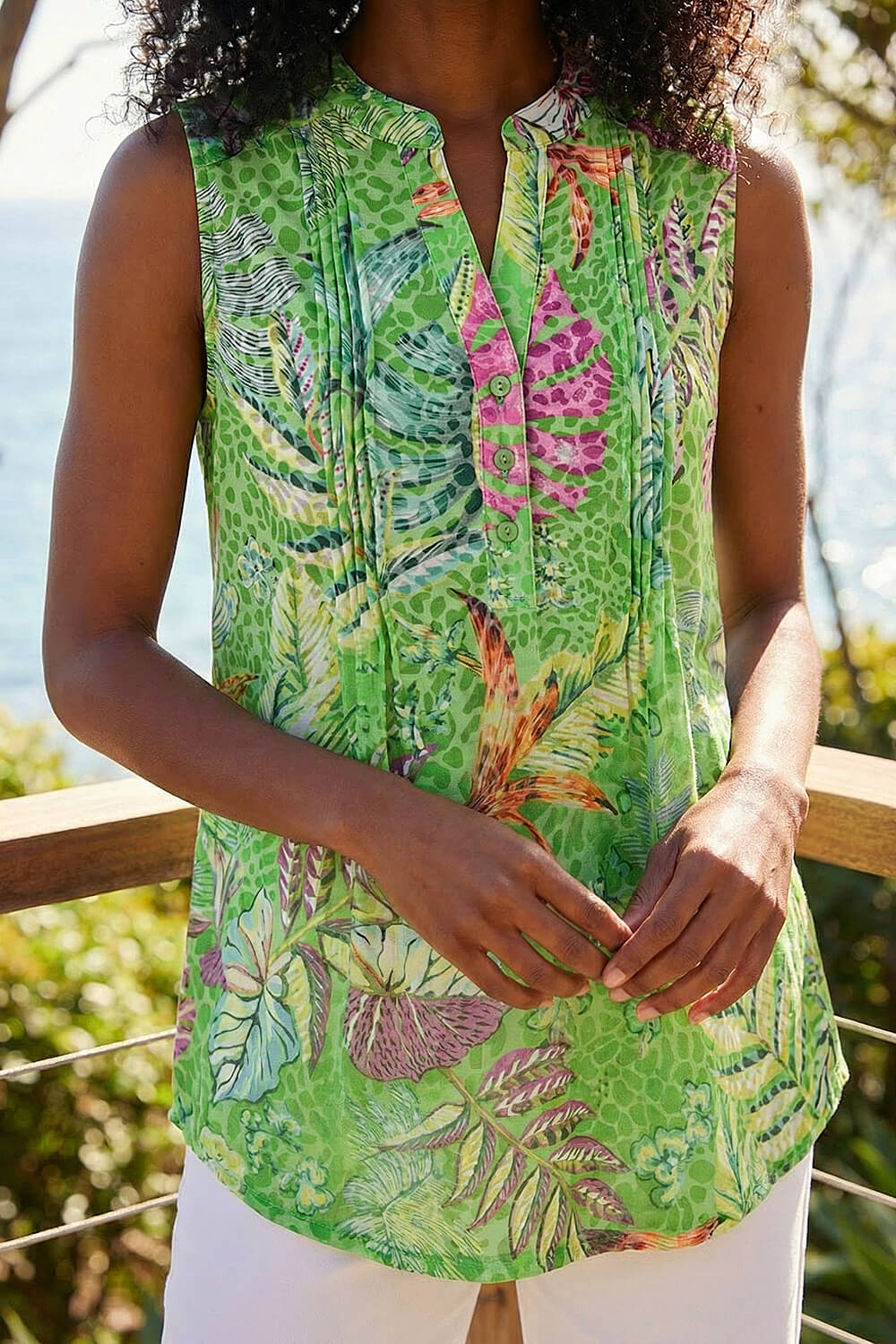 Lime Burnout Tropical Pintuck Shirt, Image 5 of 4