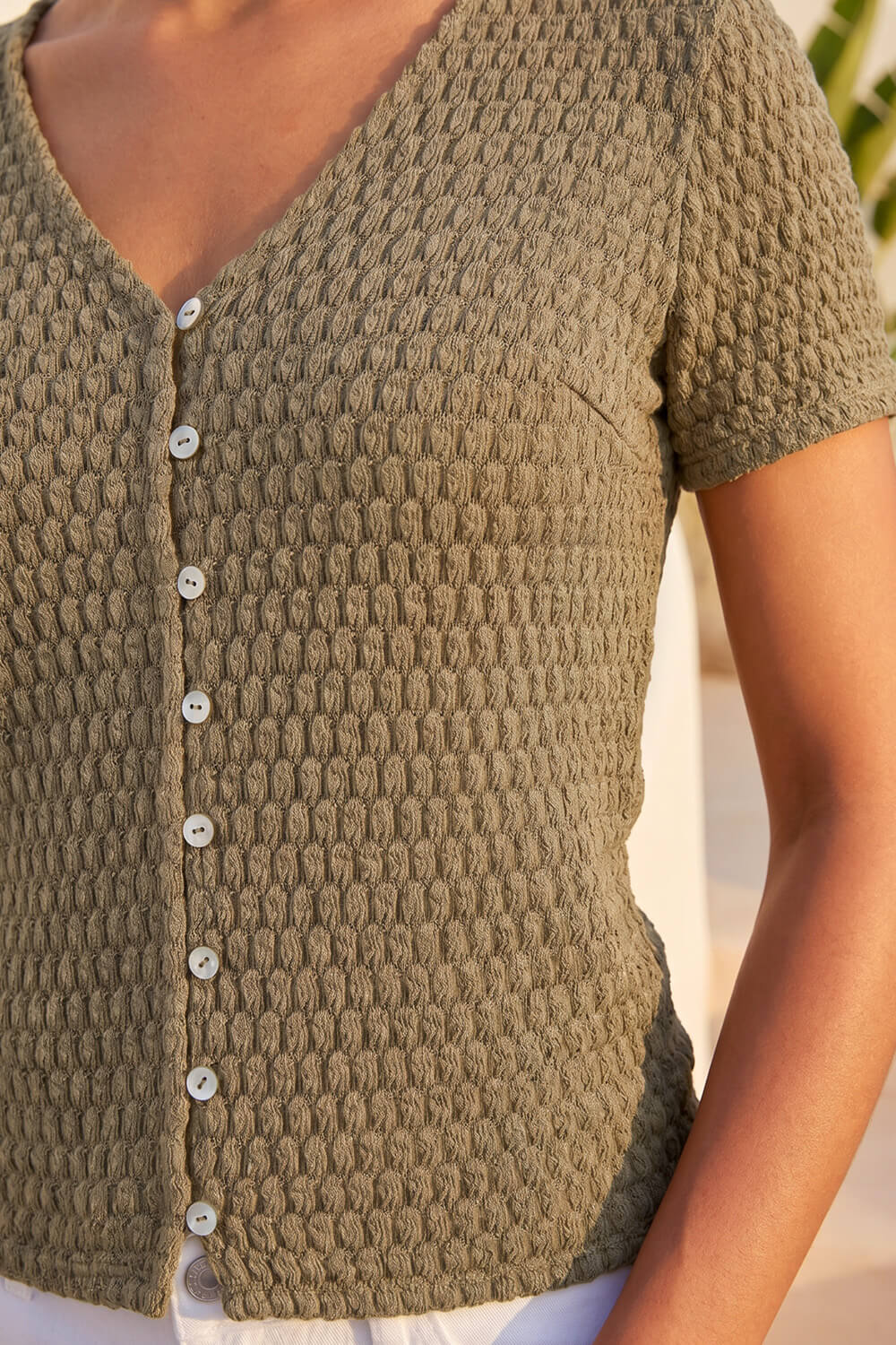 KHAKI Petite Textured Button Up Blouse, Image 5 of 4