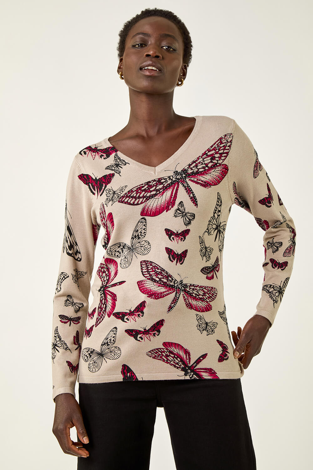 Grey Butterfly V-Neck Knit Jumper, Image 3 of 5