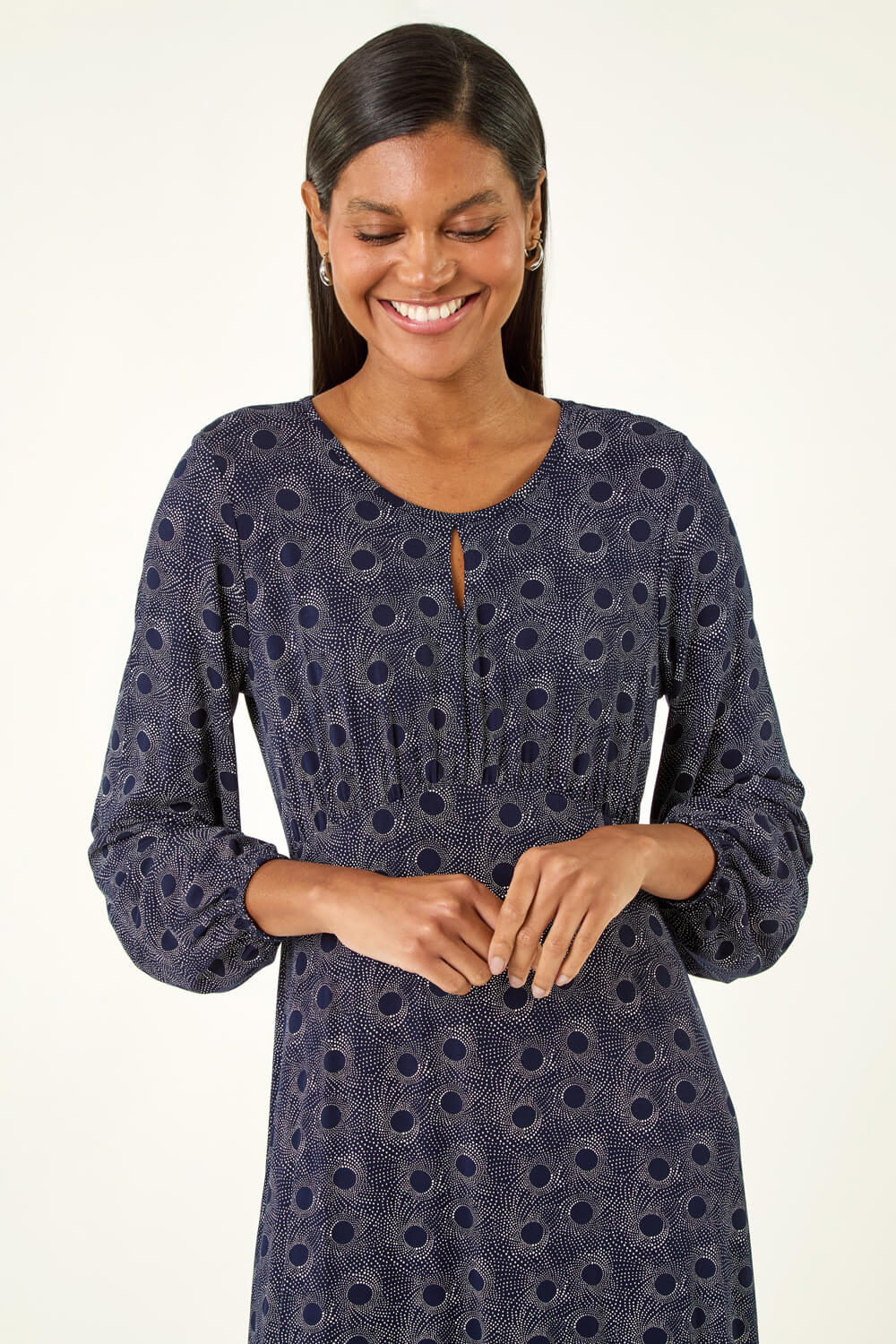 Navy  Spot Print Keyhole Midi Dress, Image 5 of 5
