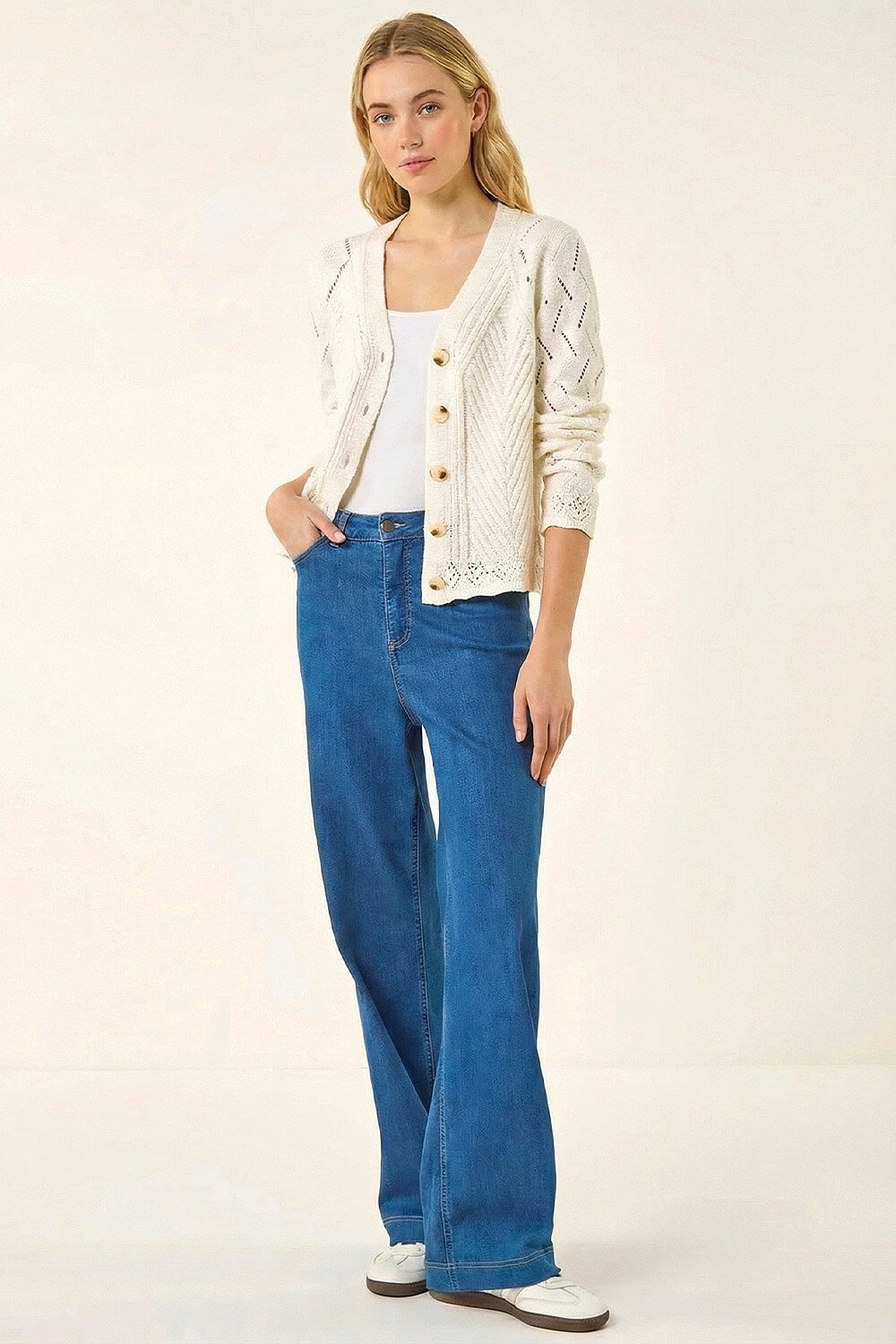 Ivory  Scallop V-Neck Knit Cardigan, Image 3 of 5