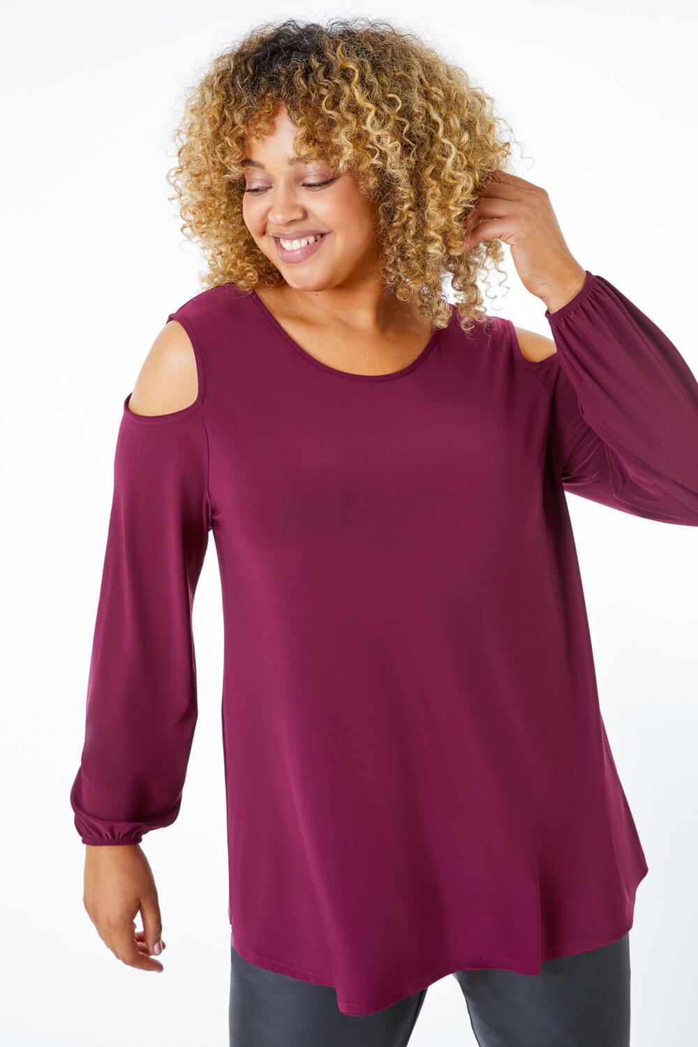 Wine Curve Cold Shoulder Stretch Top, Image 1 of 5