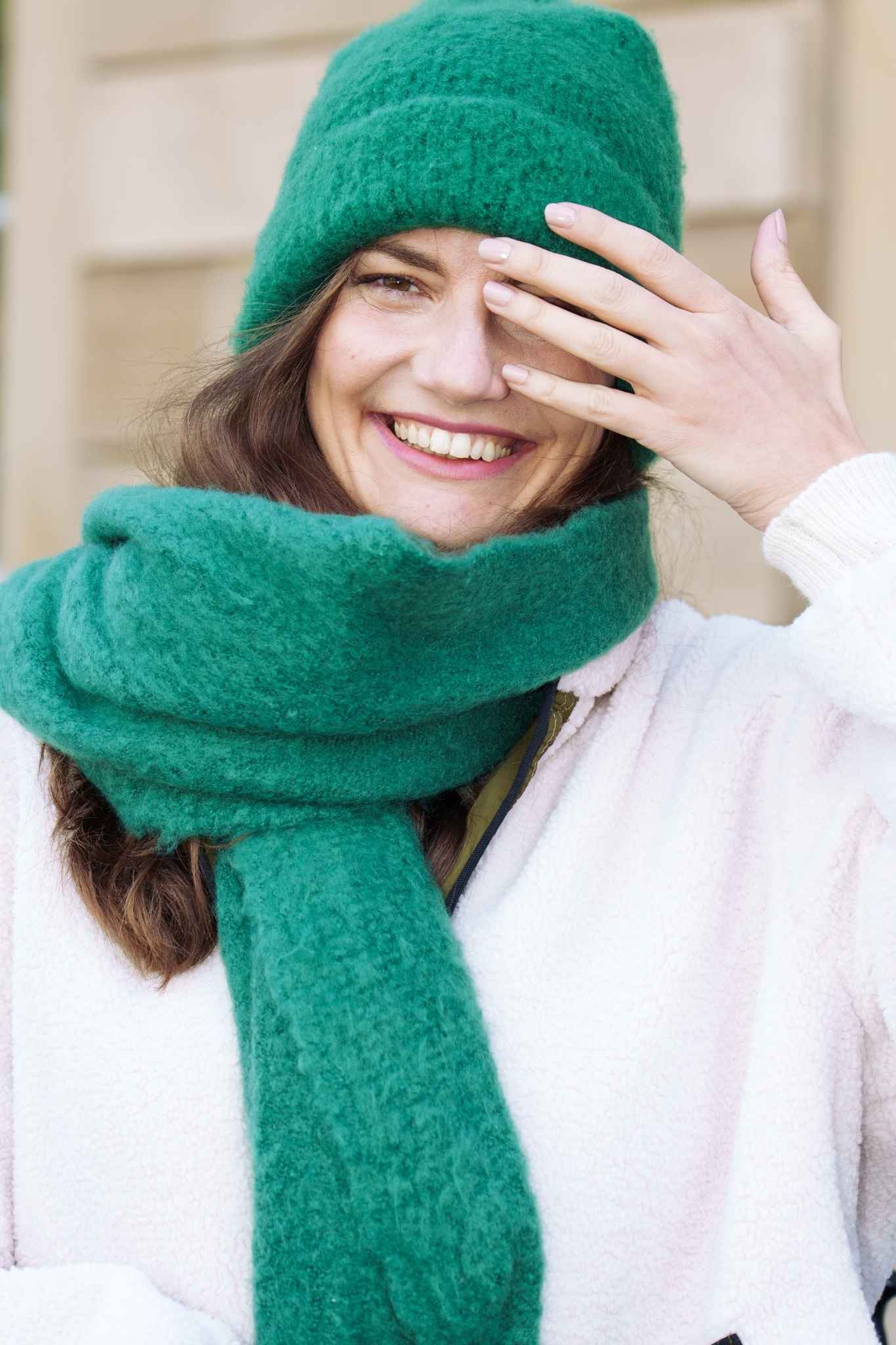 Green Plain Heavyweight Asymmetric Winter Scarf, Image 1 of 4