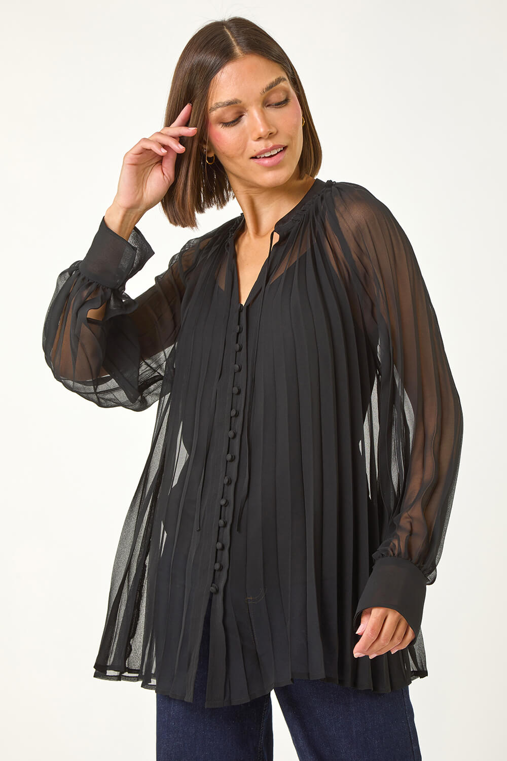 Black V-Neck Pleated Blouse, Image 5 of 5