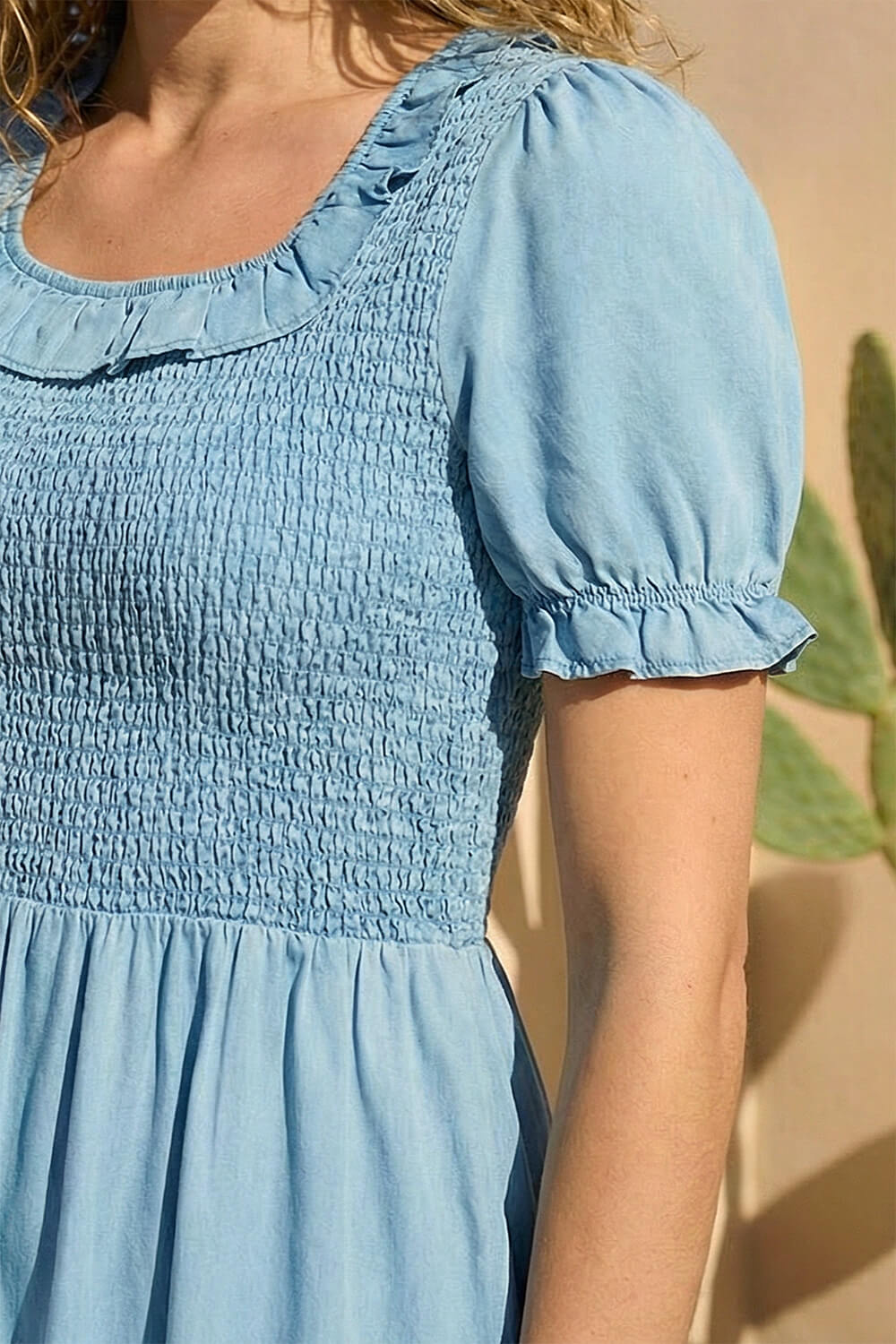 Denim Shirred Frill Midi Dress, Image 5 of 4