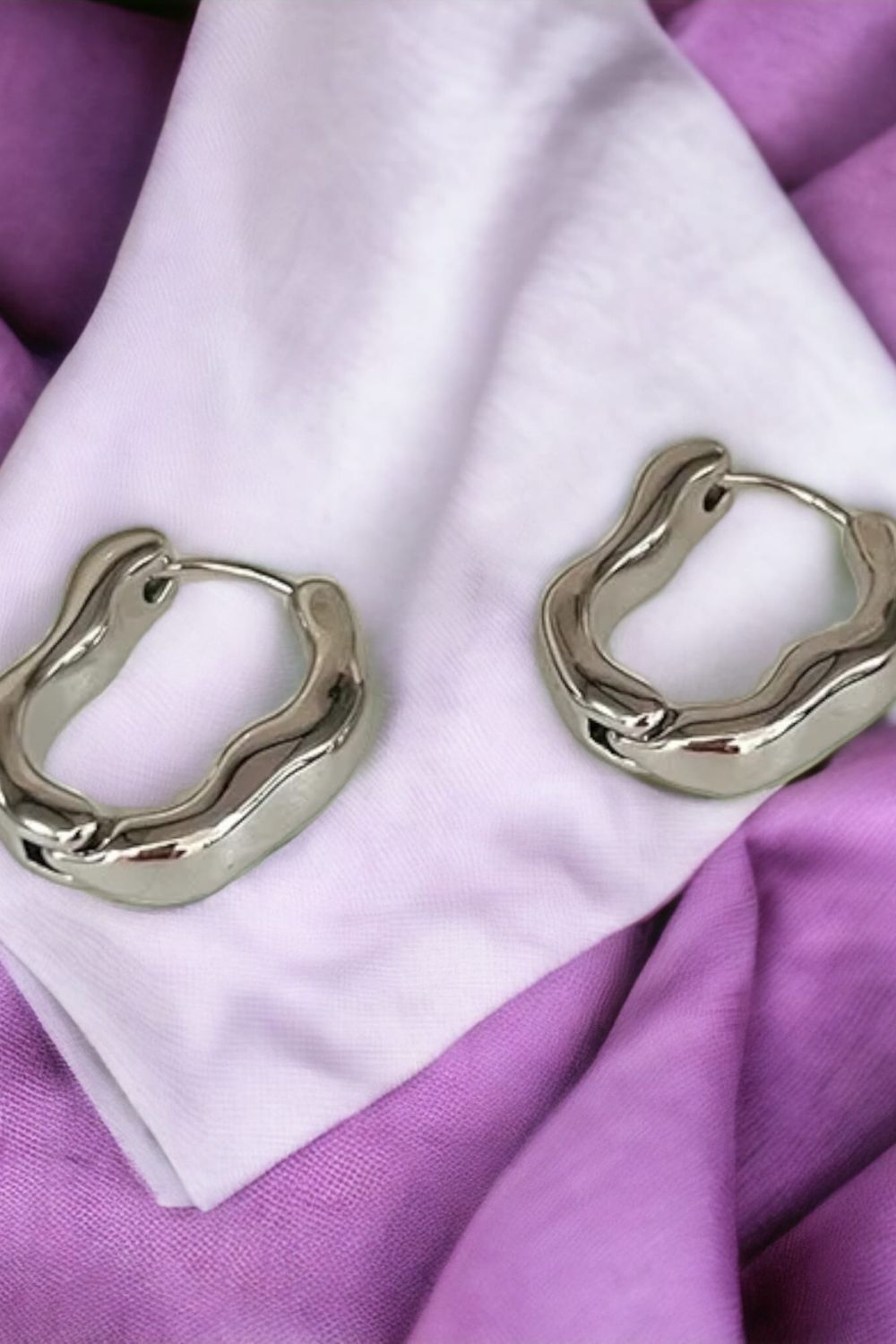 Silver Irregular Wave Oval Metal Hoop Earrings, Image 2 of 2