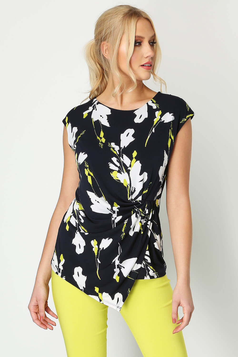 Roman Women's Lime Ruched Detail Floral Top - Size 14