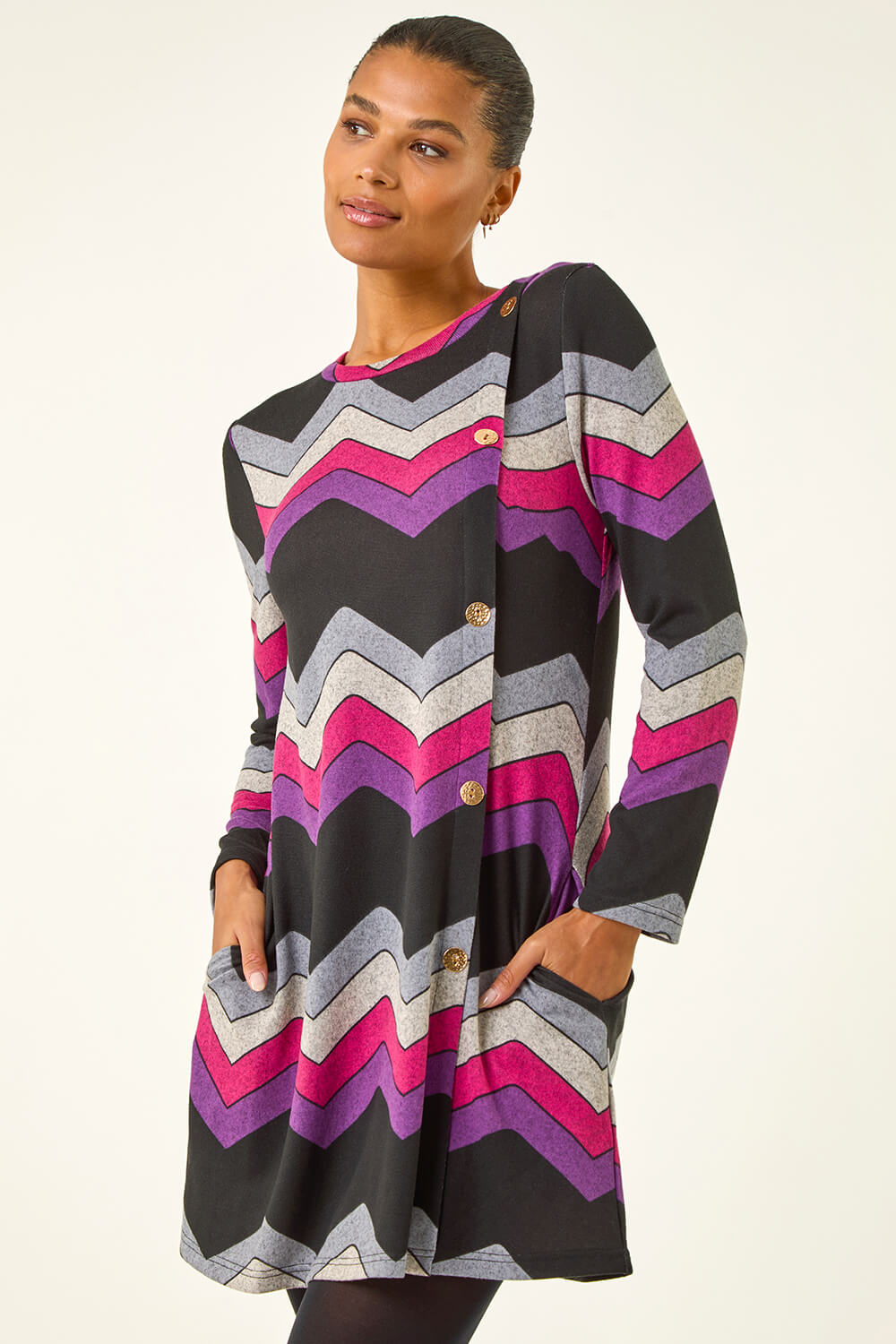 Purple Zig Zag Side Button Dress, Image 1 of 5
