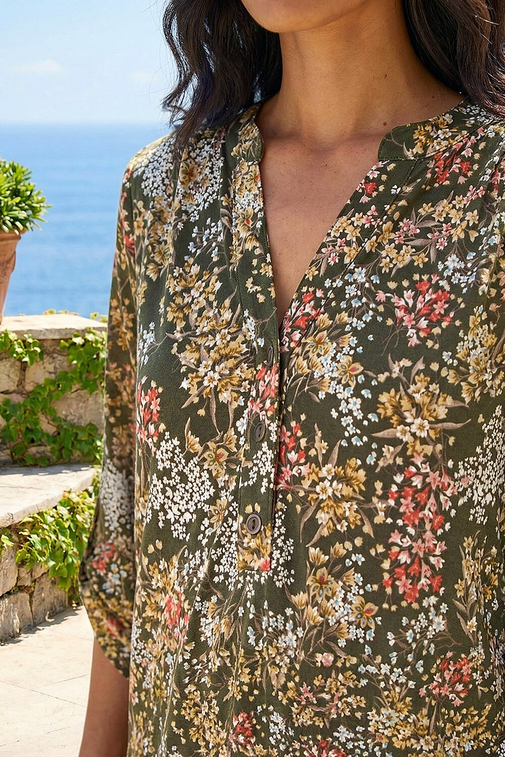 Khaki Floral Print Stretch Shirt, Image 5 of 4