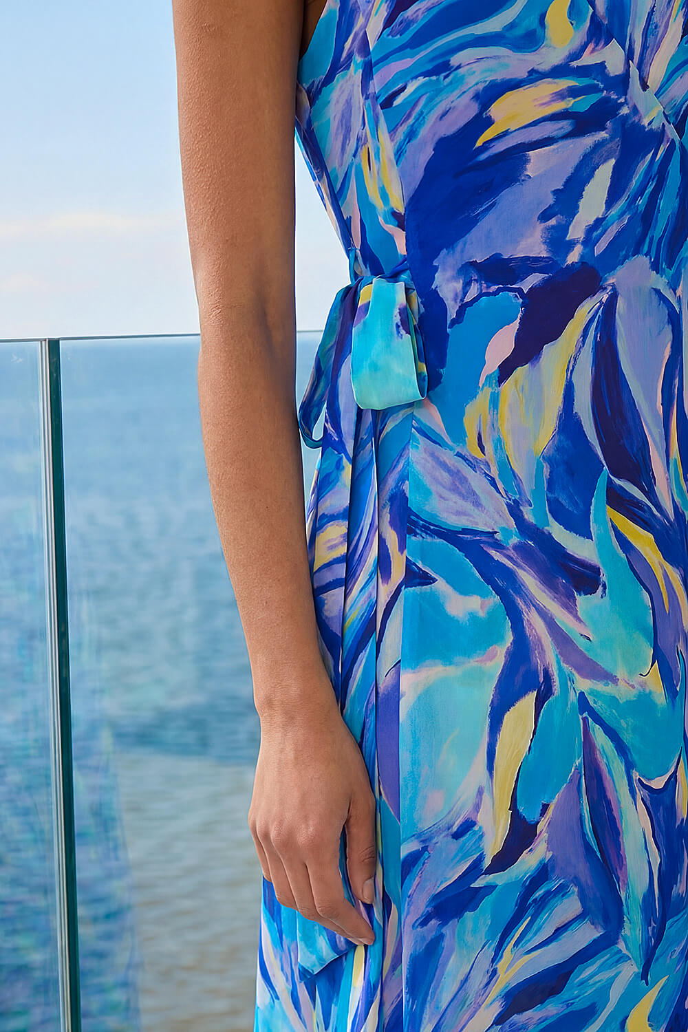 Blue Floral Print Wrap Chiffon Midi Dress, Image 5 of 4