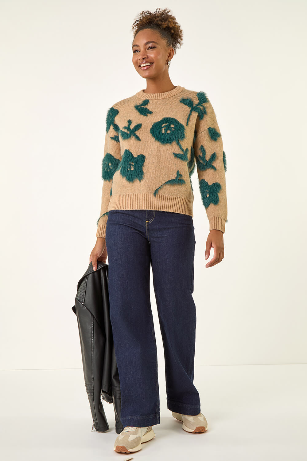 Beige Fluffy Floral Knit Jumper, Image 4 of 7