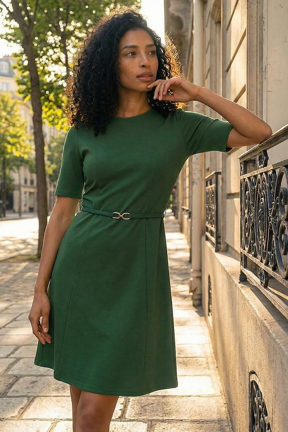 Green Belted Fit & Flare Dress, Image 3 of 4