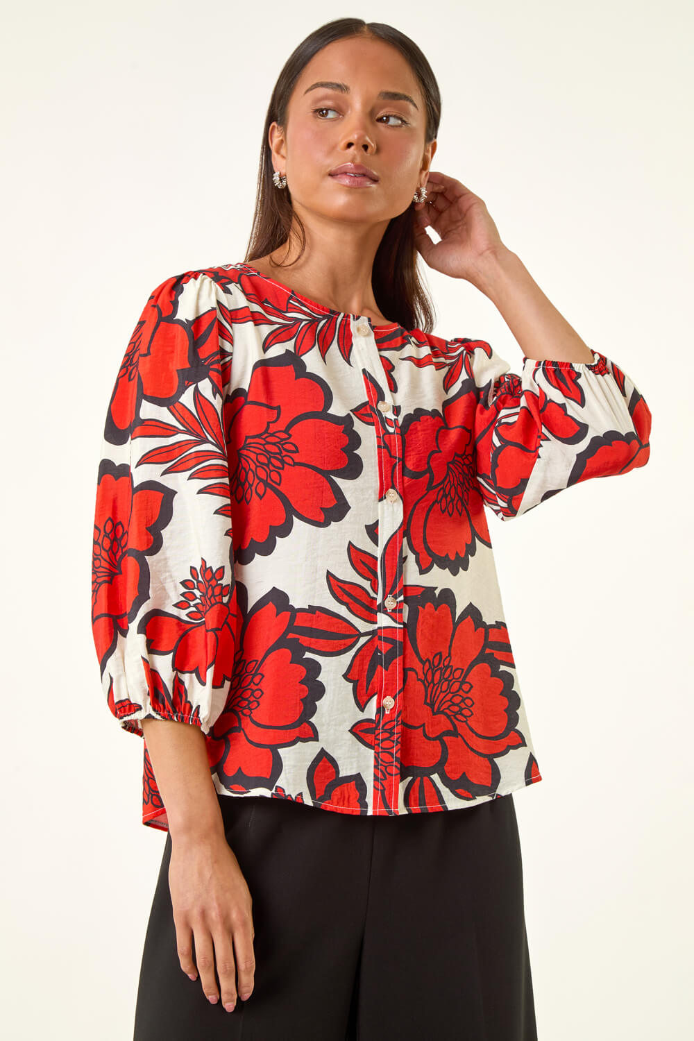 Red Petite Floral Buttoned Blouse, Image 5 of 5