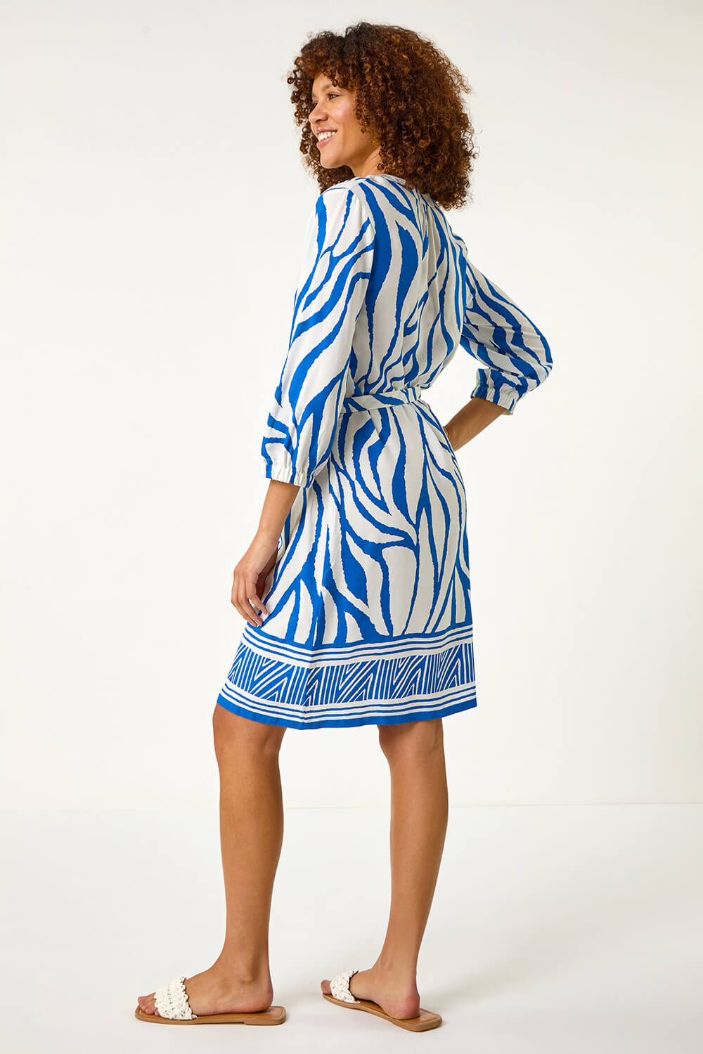 Royal Blue Abstract Border Tie Shirt Dress, Image 4 of 5