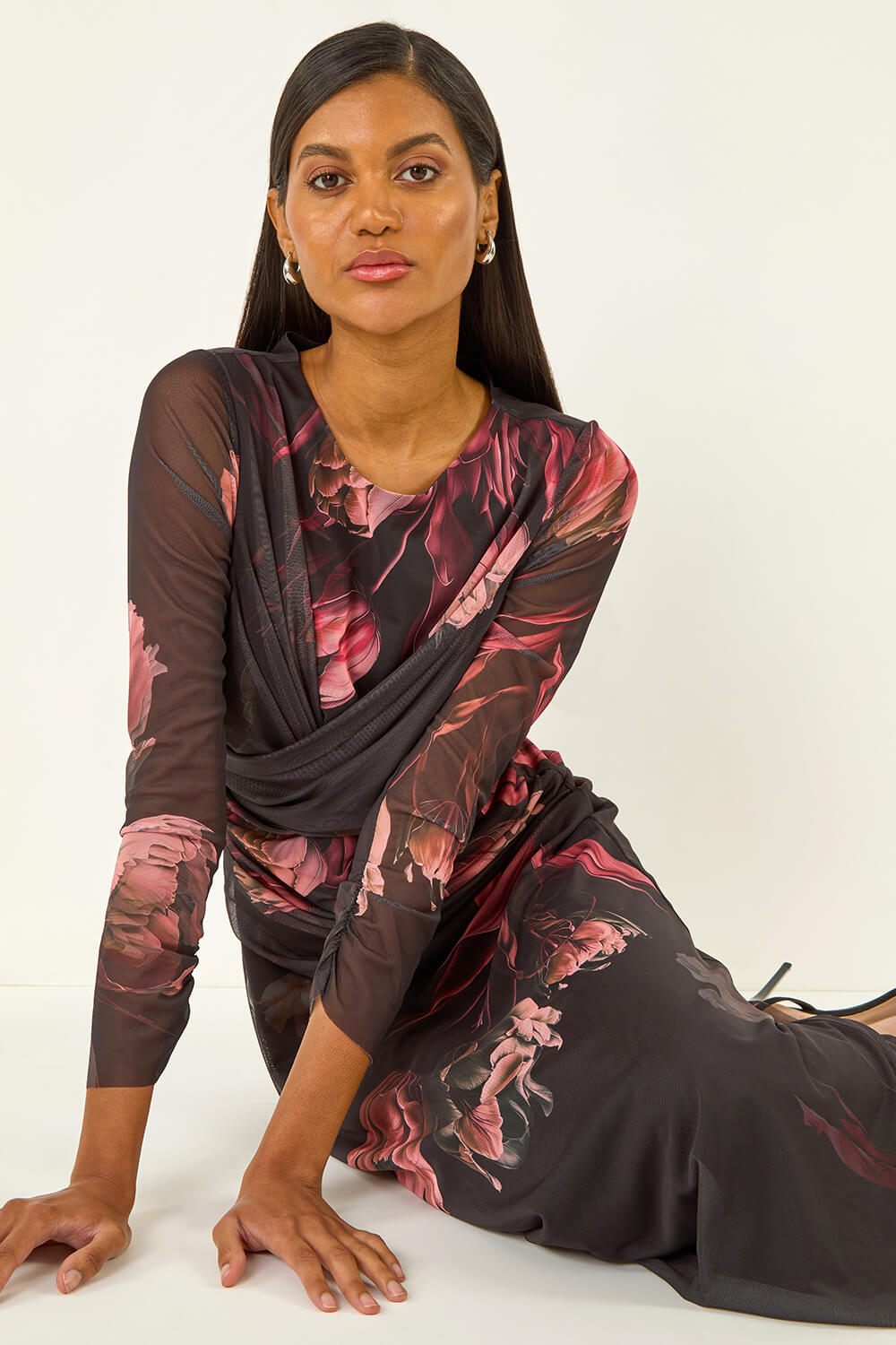 Black Floral Mesh Stretch Maxi Dress, Image 3 of 6