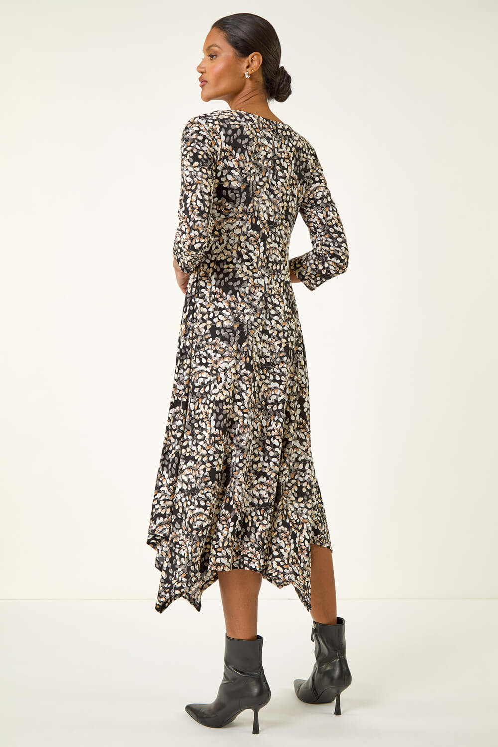 Beige Printed Hanky Hem Stretch Midi Dress, Image 4 of 5