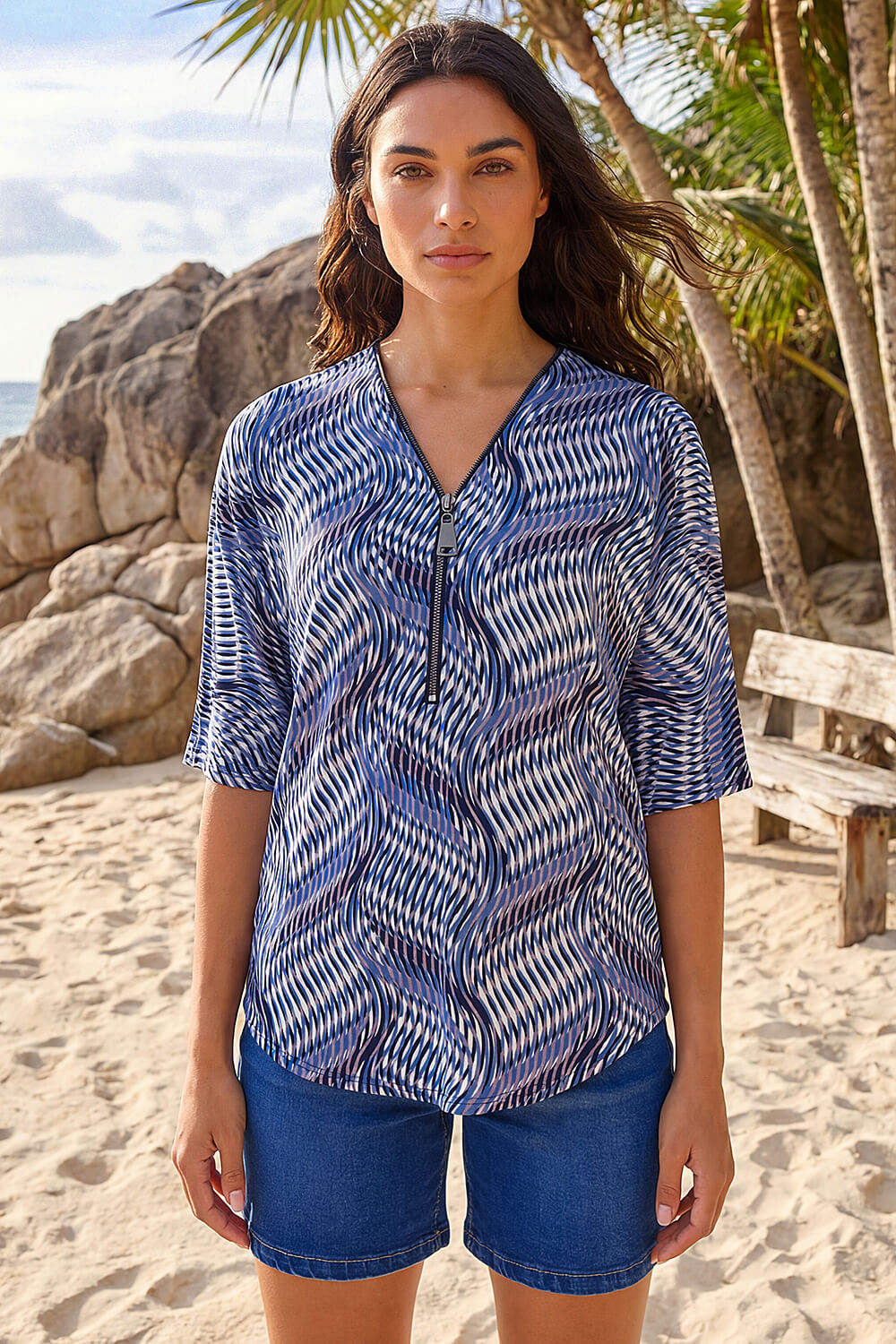 Blue Printed Zip Front Top, Image 4 of 4