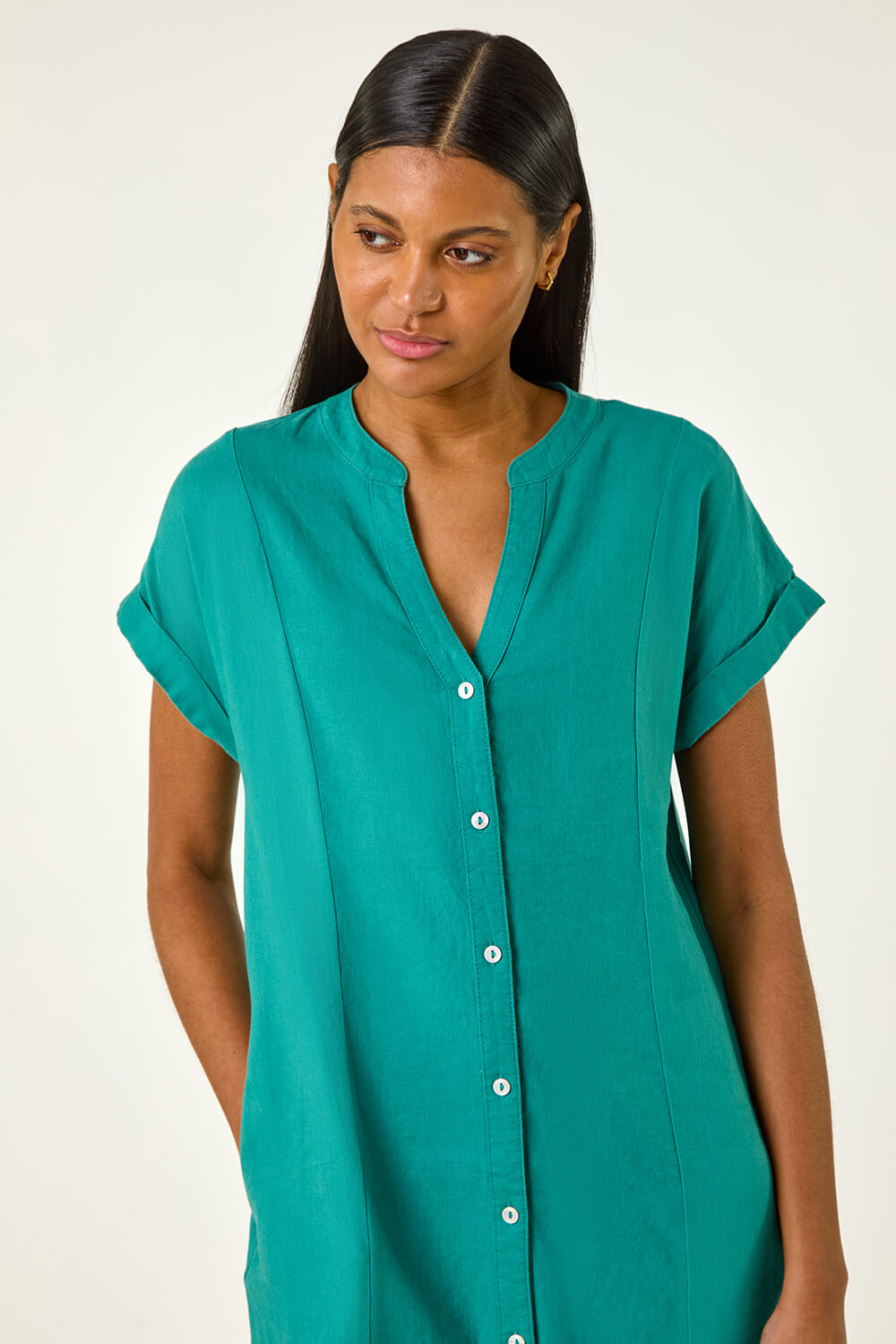 Jade Green Linen Blend Shift Dress, Image 5 of 5