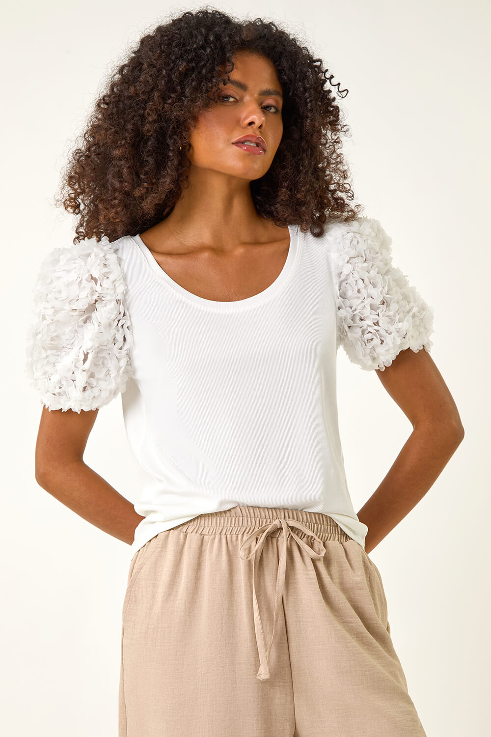 White Dusk 3D Puff Sleeve Stretch T-Shirt, Image 5 of 5