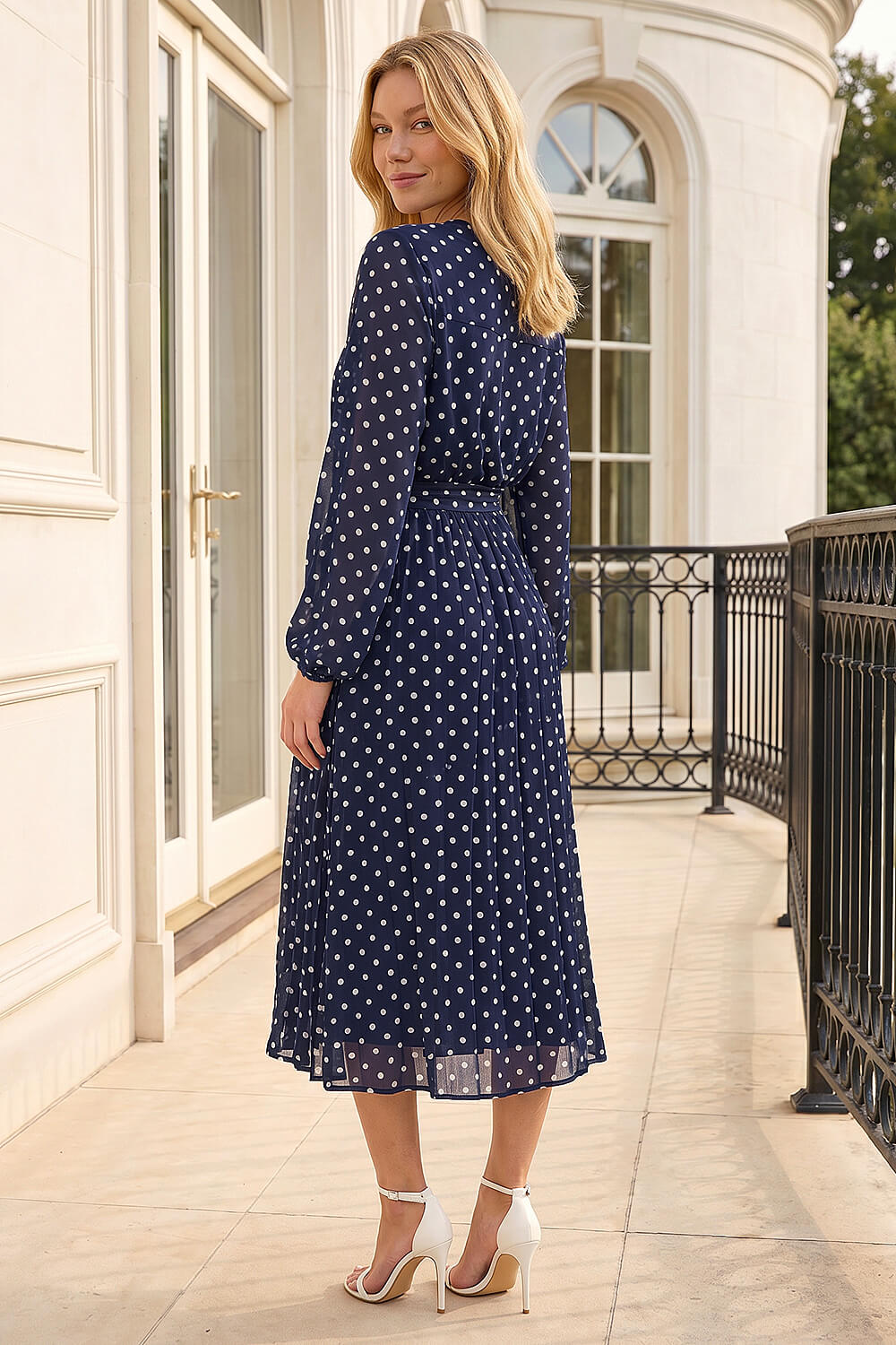 Navy Polka Dot Pleated Midi Dress, Image 4 of 4