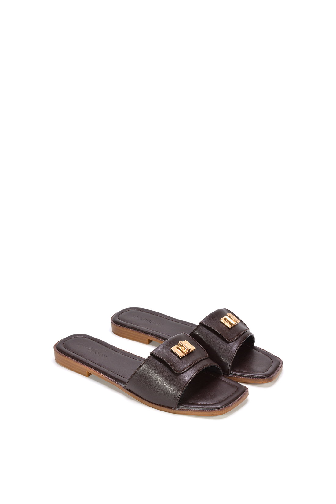 Brown 'Juliette' Square Toe Slider Sandals With Foldover Buckle, Image 5 of 6